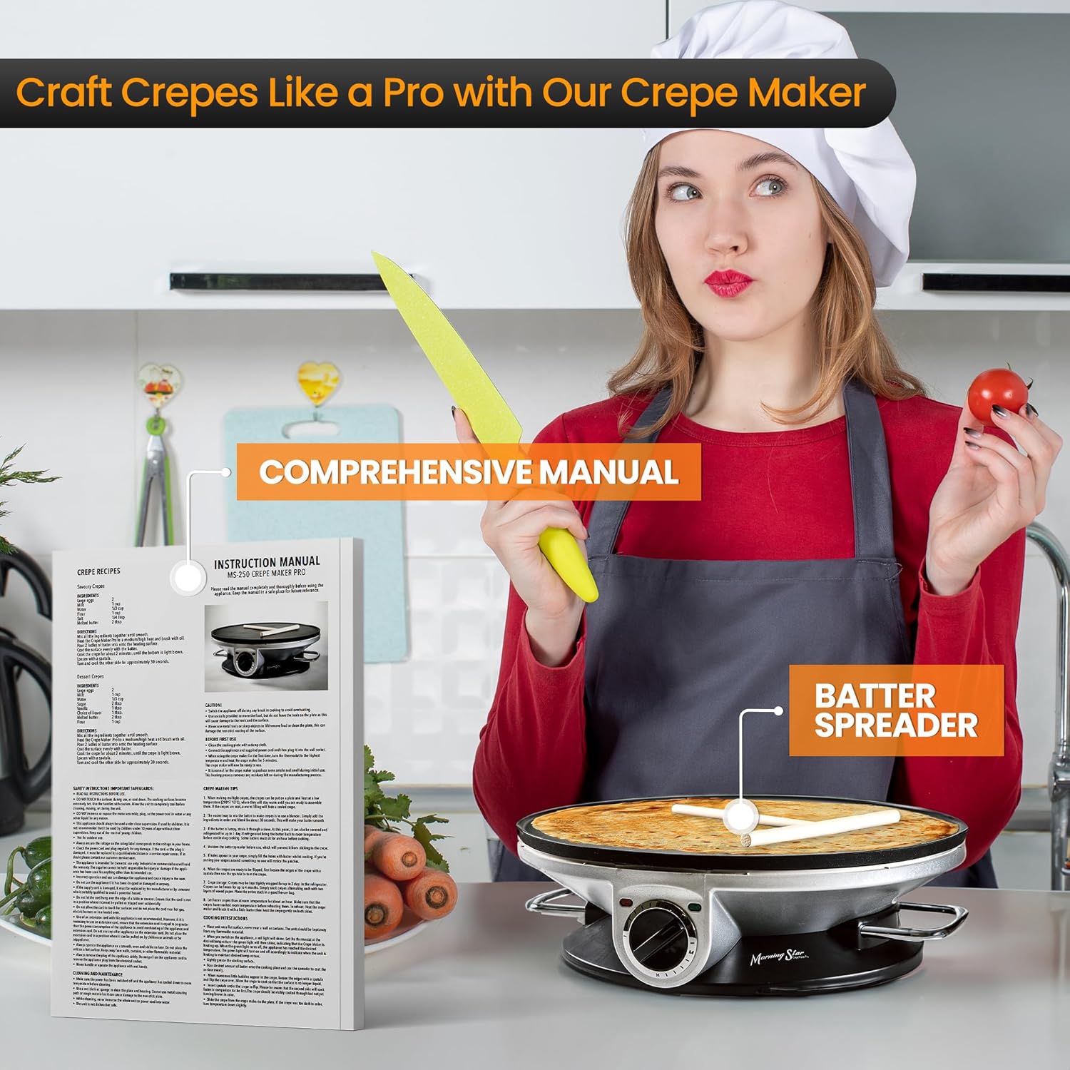 13 Inch Morning Star Electric Crepe Maker - Nonstick Multi-Function Tortilla Machine for Crepes, Pancakes & Roti - Includes Wooden Spatula & Batter Spreader - Perfect Valentines Gift.