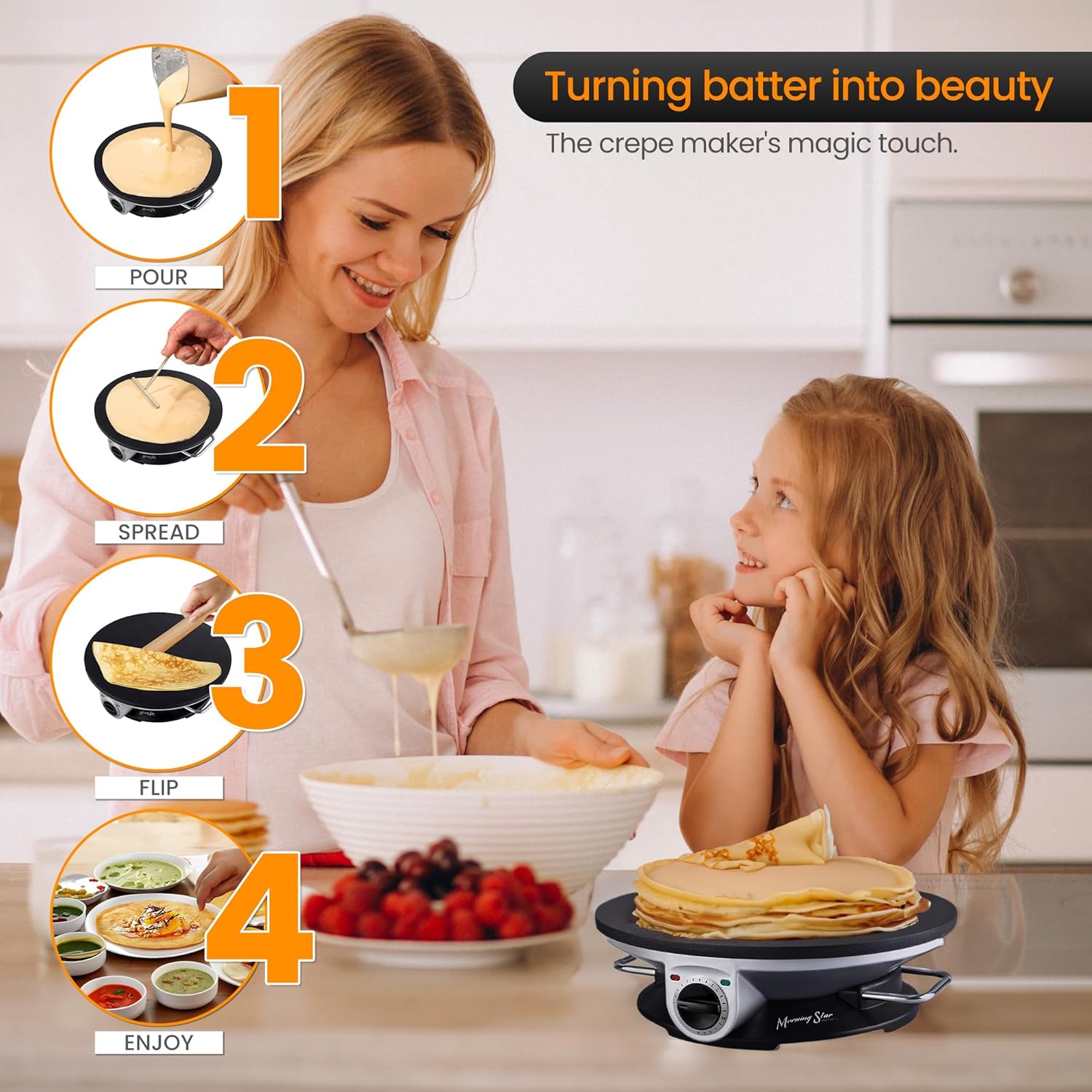 13 Inch Morning Star Electric Crepe Maker - Nonstick Multi-Function Tortilla Machine for Crepes, Pancakes & Roti - Includes Wooden Spatula & Batter Spreader - Perfect Valentines Gift.
