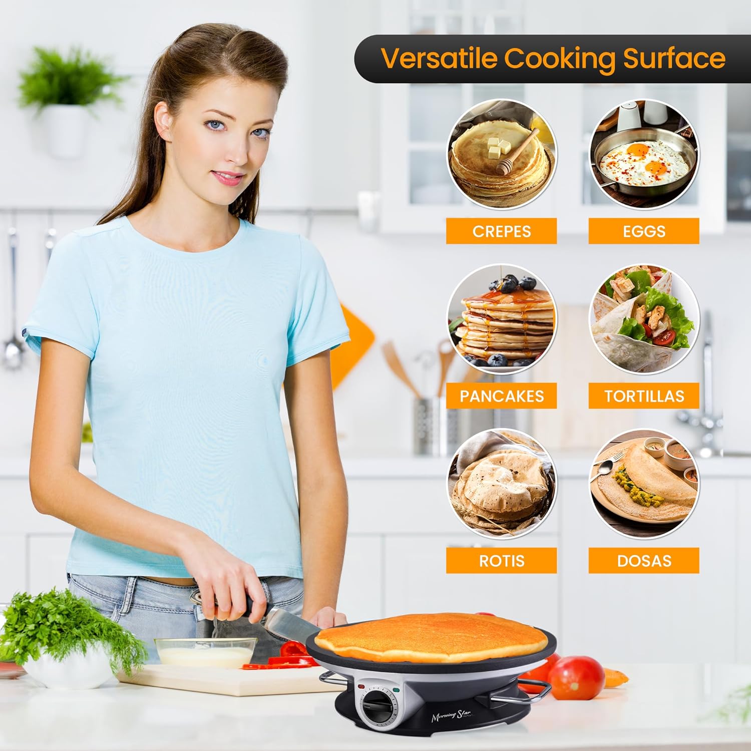 13 Inch Morning Star Electric Crepe Maker - Nonstick Multi-Function Tortilla Machine for Crepes, Pancakes & Roti - Includes Wooden Spatula & Batter Spreader - Perfect Valentines Gift.