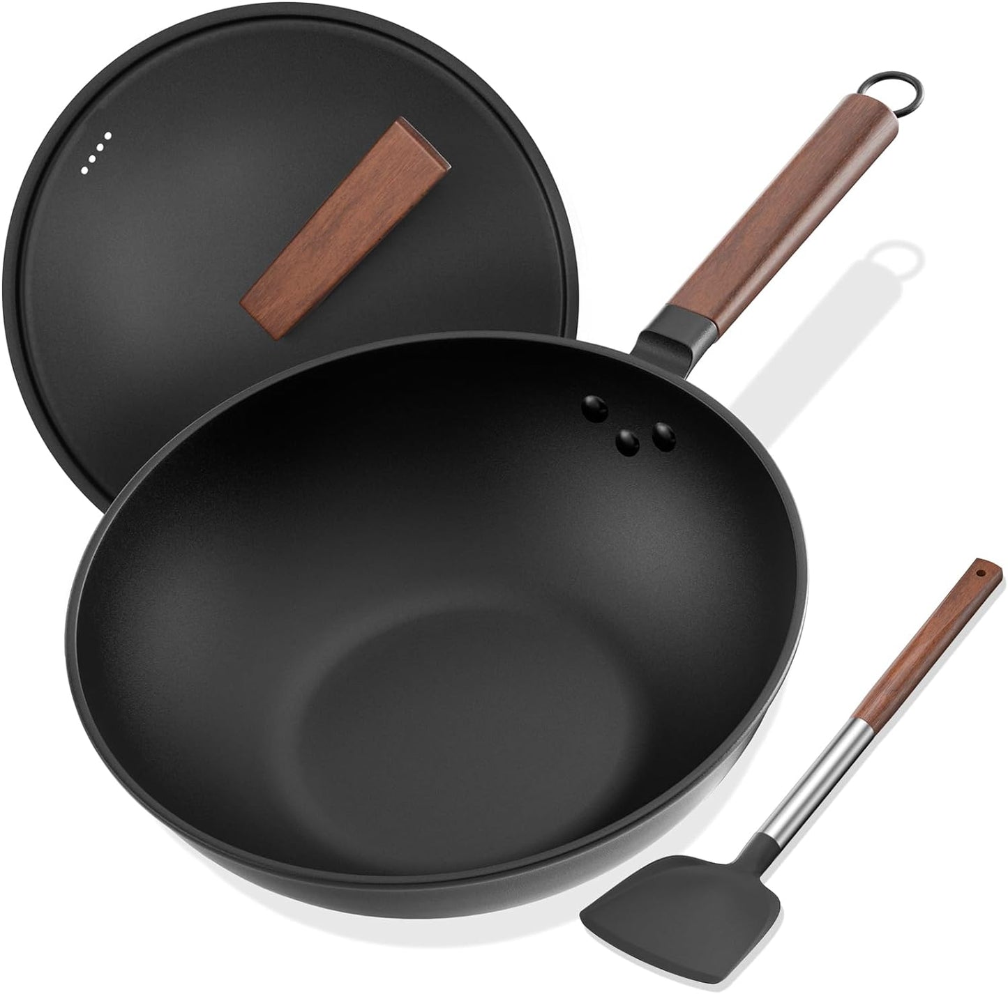 13-Inch Pre-Seasoned Carbon Steel Wok with Lid and Spatula - Non-Stick Flat Bottom Pan for Stovetop Cooking
