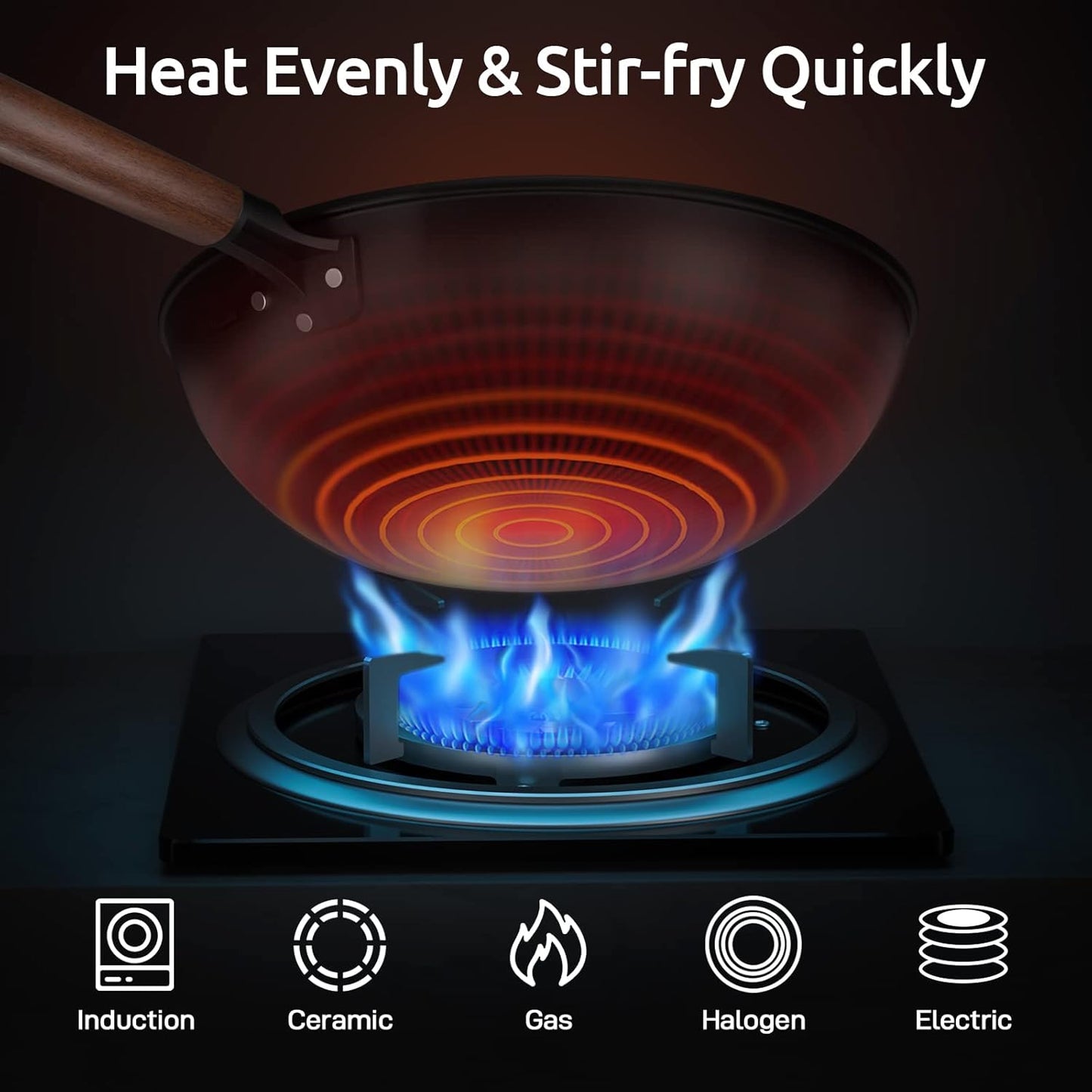 13-Inch Pre-Seasoned Carbon Steel Wok with Lid and Spatula - Non-Stick Flat Bottom Pan for Stovetop Cooking