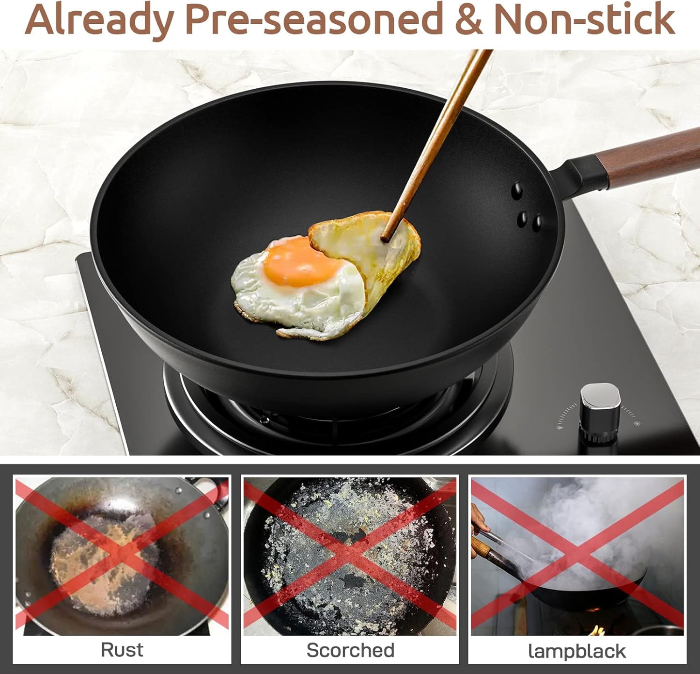 13-Inch Pre-Seasoned Carbon Steel Wok with Lid and Spatula - Non-Stick Flat Bottom Pan for Stovetop Cooking