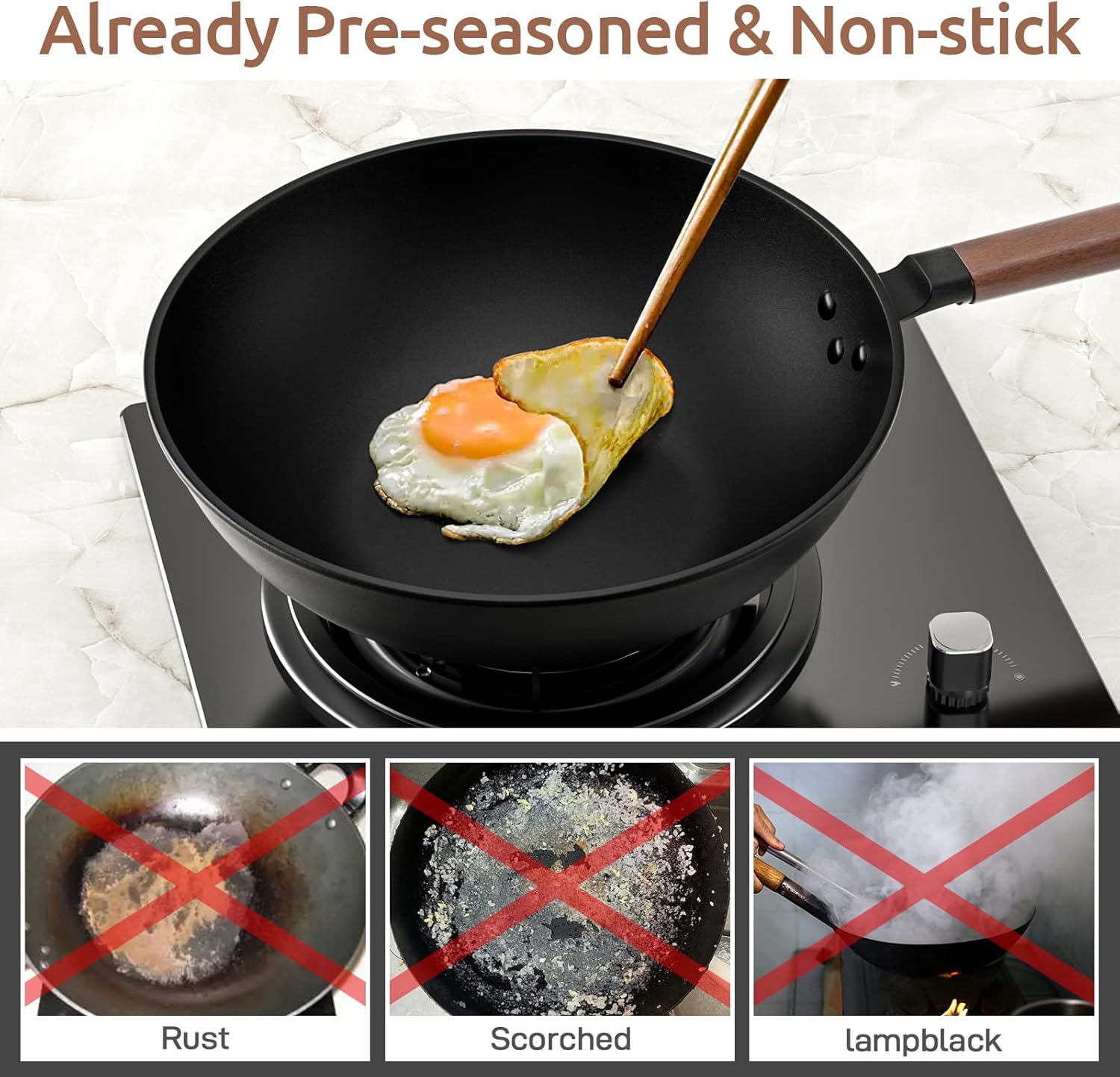 13-Inch Pre-Seasoned Carbon Steel Wok with Lid and Spatula - Non-Stick Flat Bottom Pan for Stovetop Cooking