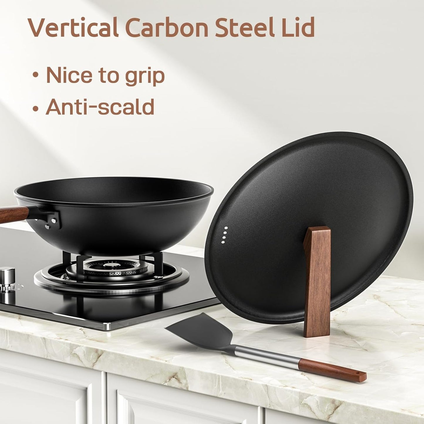 13-Inch Pre-Seasoned Carbon Steel Wok with Lid and Spatula - Non-Stick Flat Bottom Pan for Stovetop Cooking