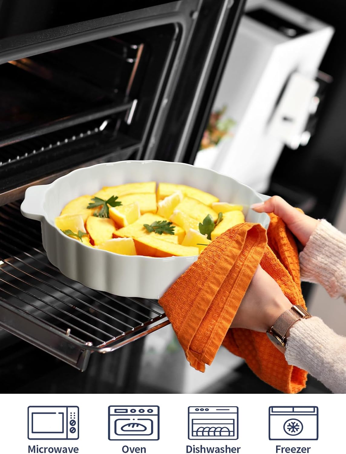 13-Inch Round Ceramic Pie Pan with Double Handle and Ruffled Edge - Microwave, Dishwasher, and Oven Safe Pie Plate for Baking