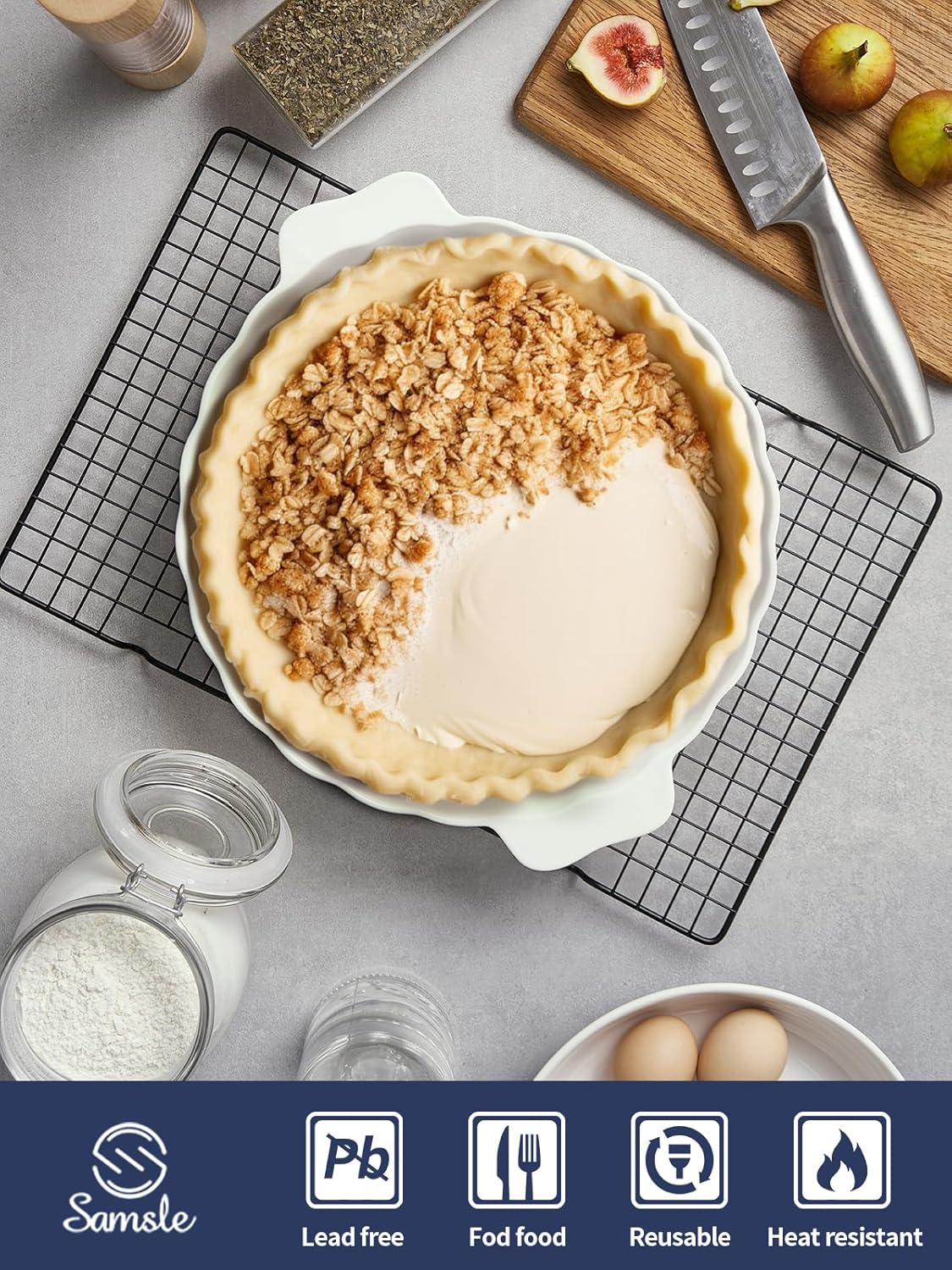 13-Inch Round Ceramic Pie Pan with Double Handle and Ruffled Edge - Microwave, Dishwasher, and Oven Safe Pie Plate for Baking