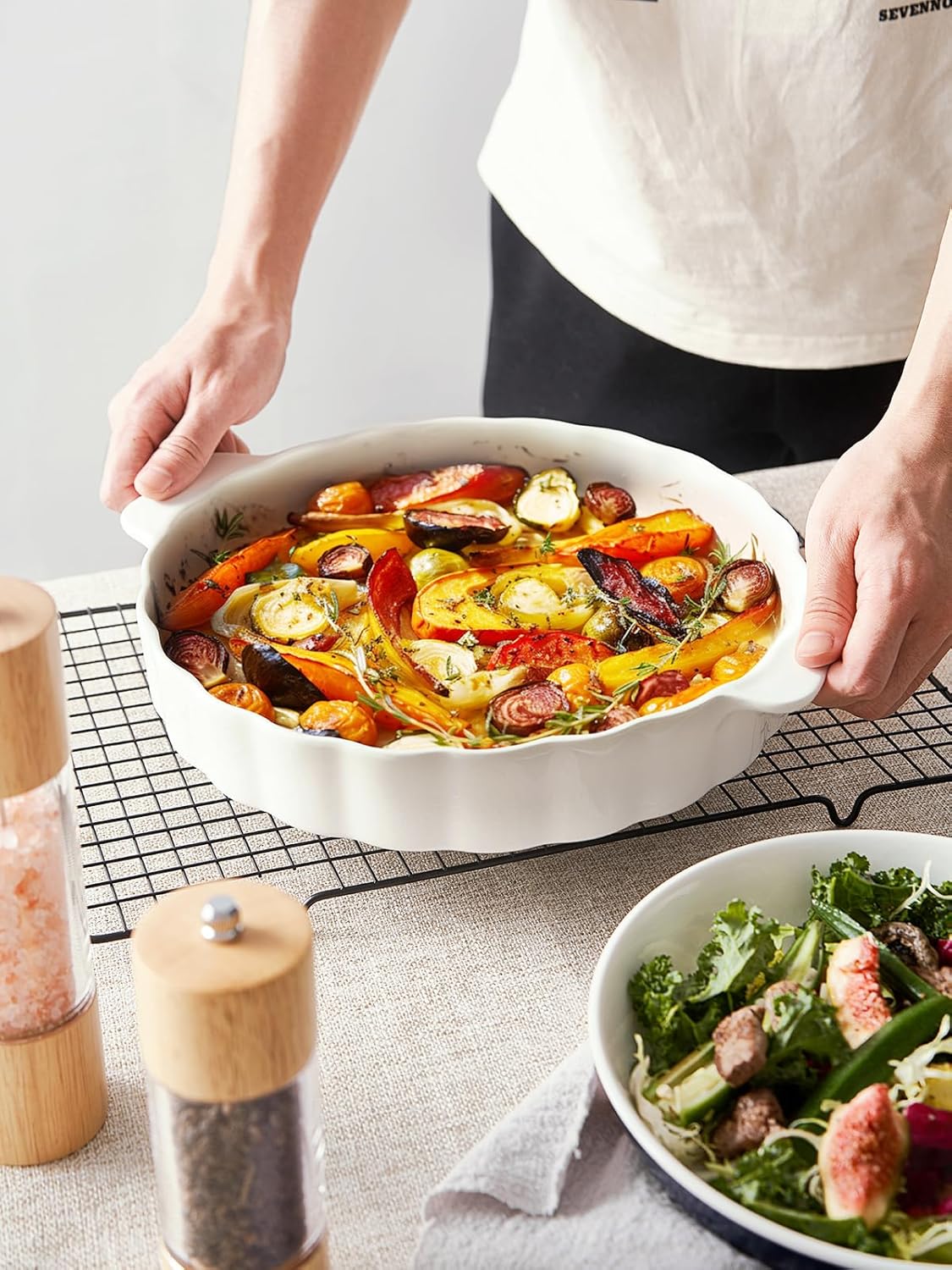 13-Inch Round Ceramic Pie Pan with Double Handle and Ruffled Edge - Microwave, Dishwasher, and Oven Safe Pie Plate for Baking