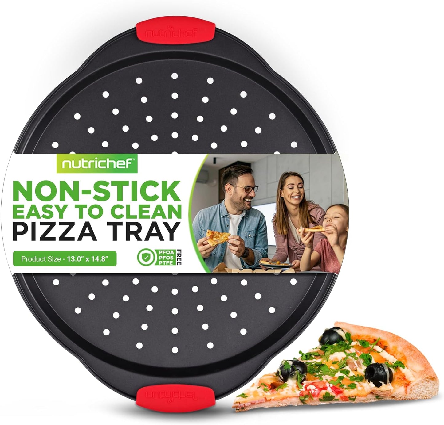 13-Inch Round Nonstick Pizza Tray with Silicone Grip Handles - Carbon Steel Pizza Baking Pan with Holes for Crispy Crust, Dishwasher Safe Premium Bakeware - NutriChef NCBPIZ1