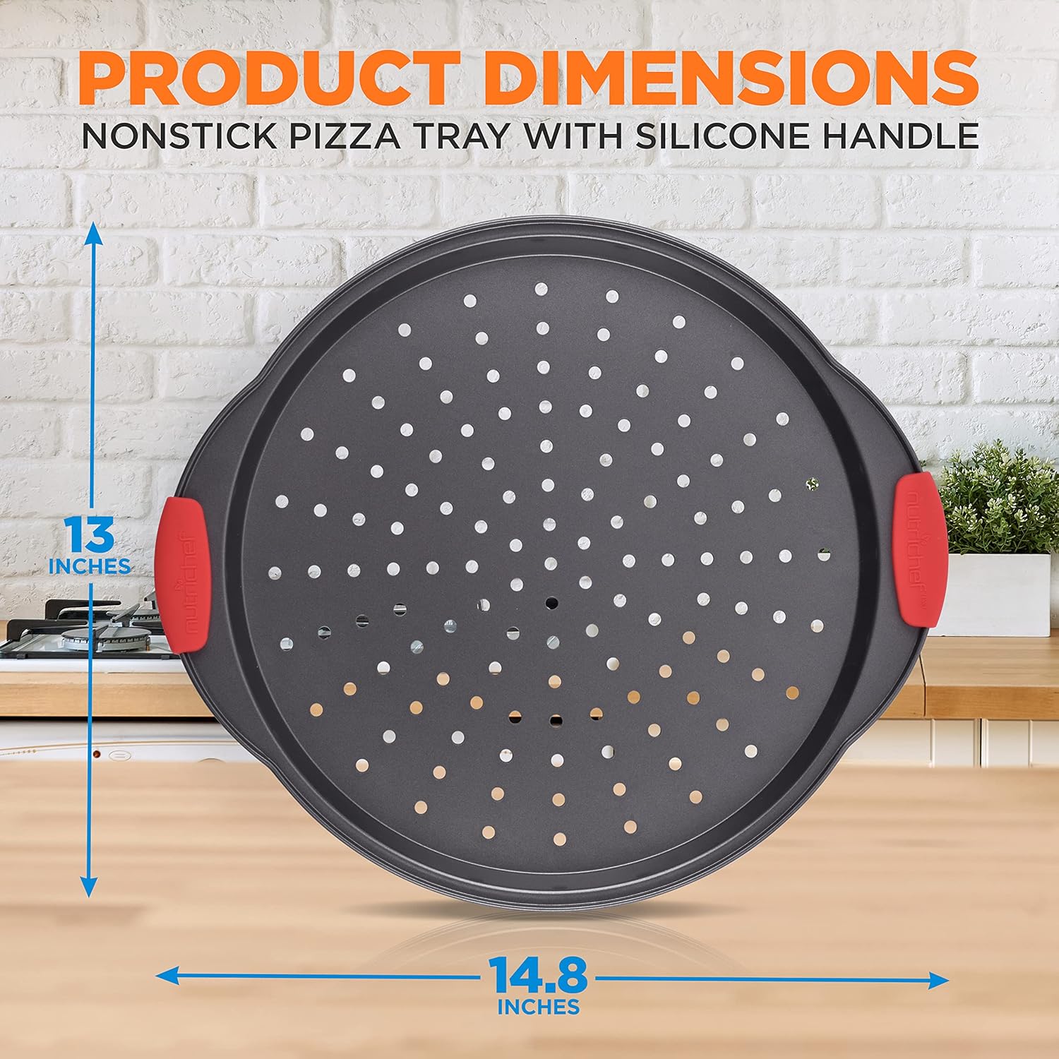 13-Inch Round Nonstick Pizza Tray with Silicone Grip Handles - Carbon Steel Pizza Baking Pan with Holes for Crispy Crust, Dishwasher Safe Premium Bakeware - NutriChef NCBPIZ1