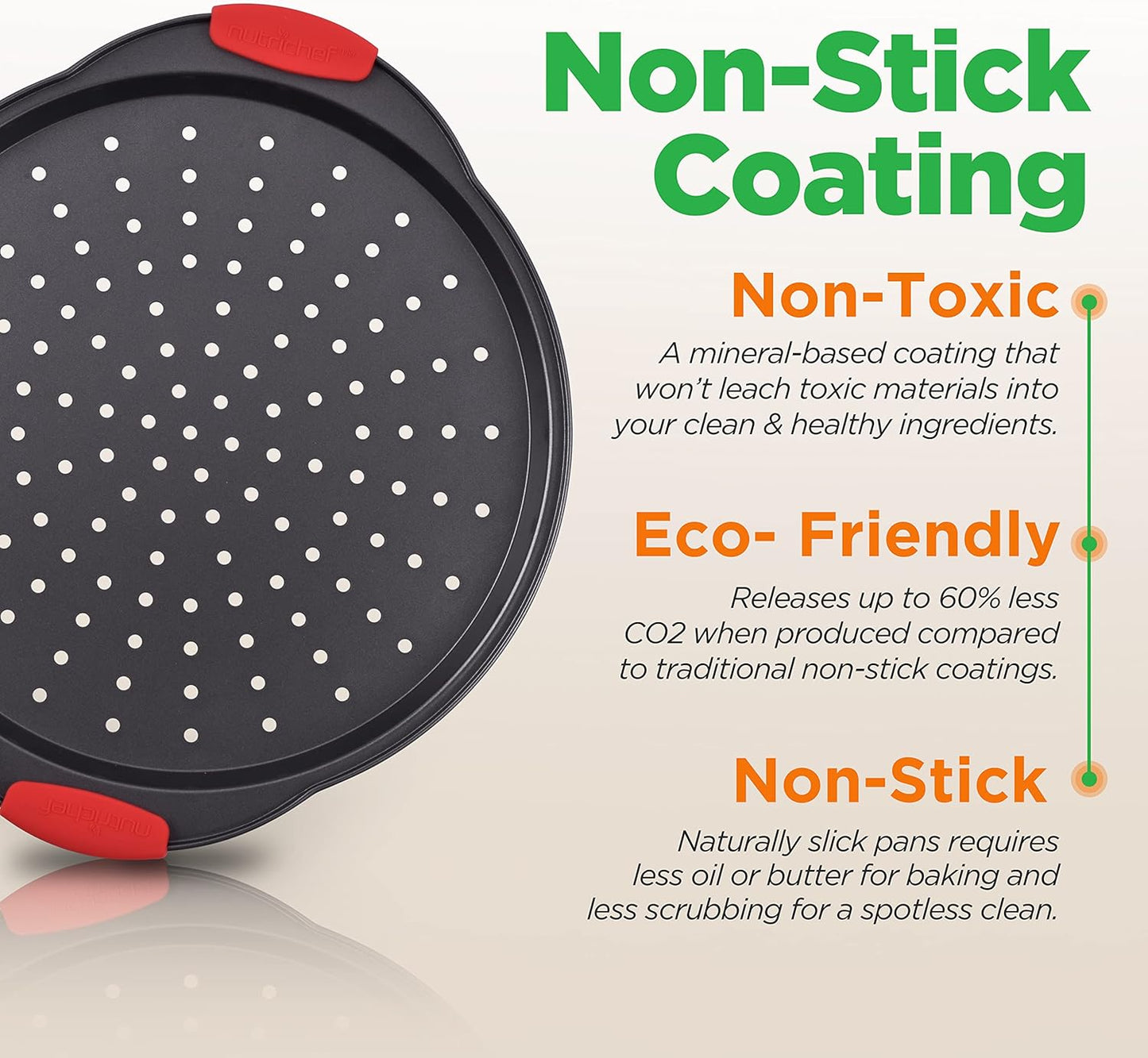 13-Inch Round Nonstick Pizza Tray with Silicone Grip Handles - Carbon Steel Pizza Baking Pan with Holes for Crispy Crust, Dishwasher Safe Premium Bakeware - NutriChef NCBPIZ1