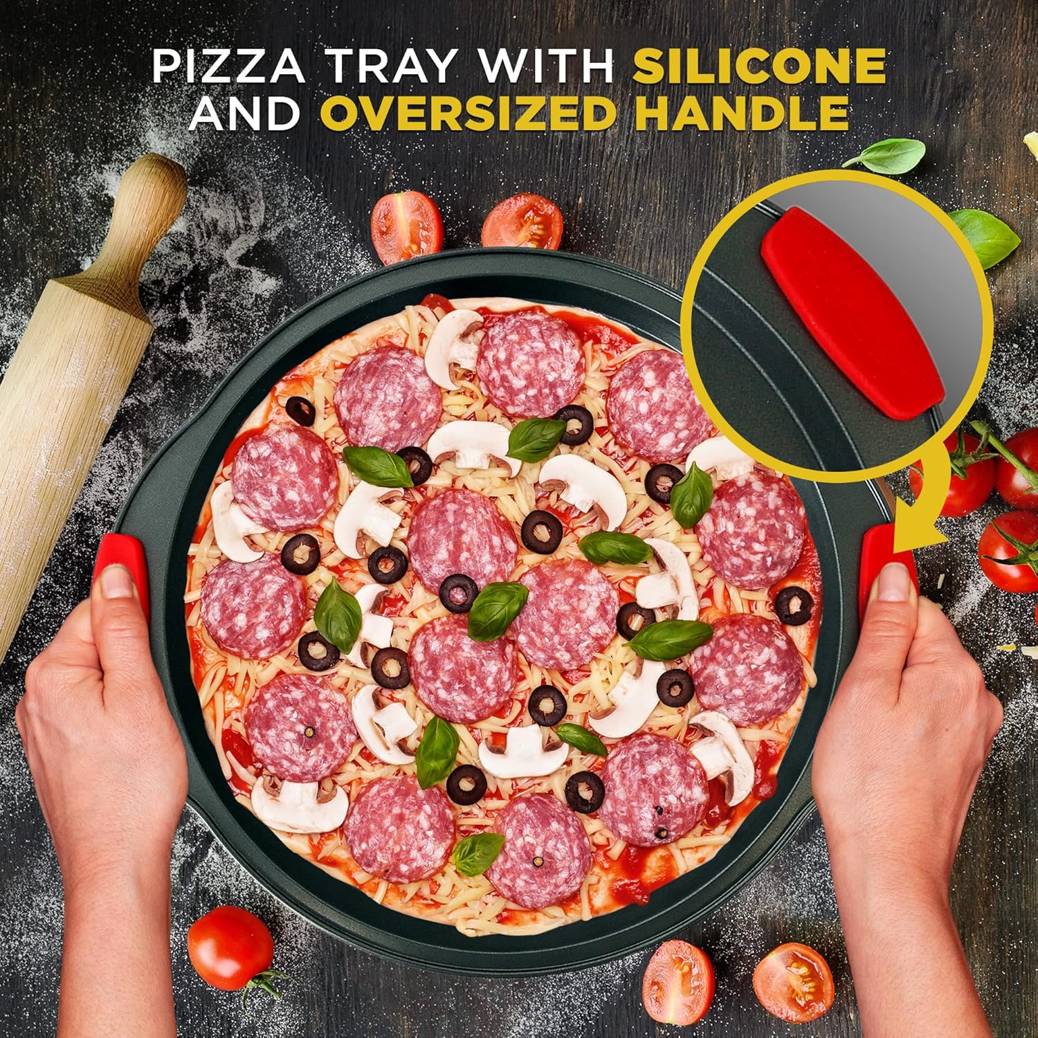 13-Inch Round Nonstick Pizza Tray with Silicone Grip Handles - Carbon Steel Pizza Baking Pan with Holes for Crispy Crust, Dishwasher Safe Premium Bakeware - NutriChef NCBPIZ1