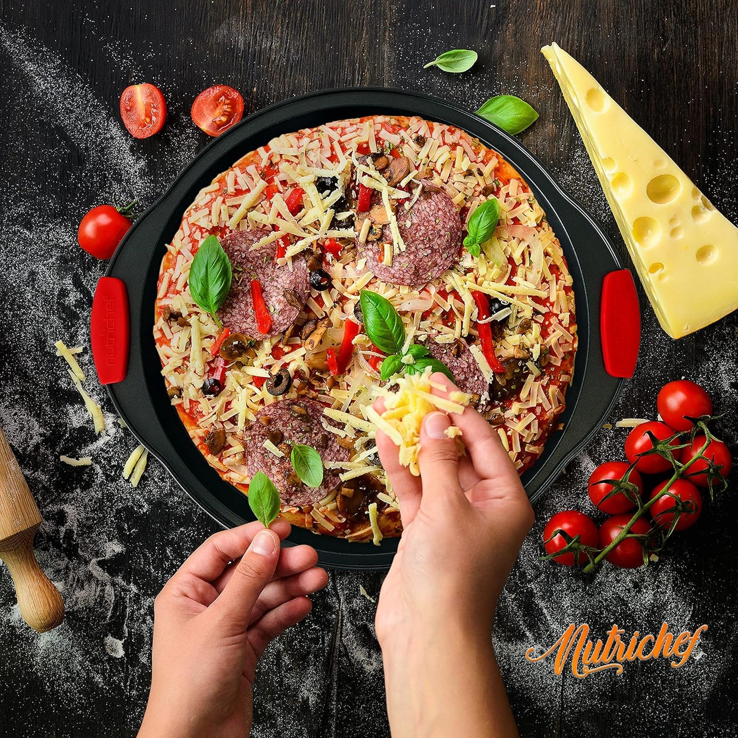 13-Inch Round Nonstick Pizza Tray with Silicone Grip Handles - Carbon Steel Pizza Baking Pan with Holes for Crispy Crust, Dishwasher Safe Premium Bakeware - NutriChef NCBPIZ1