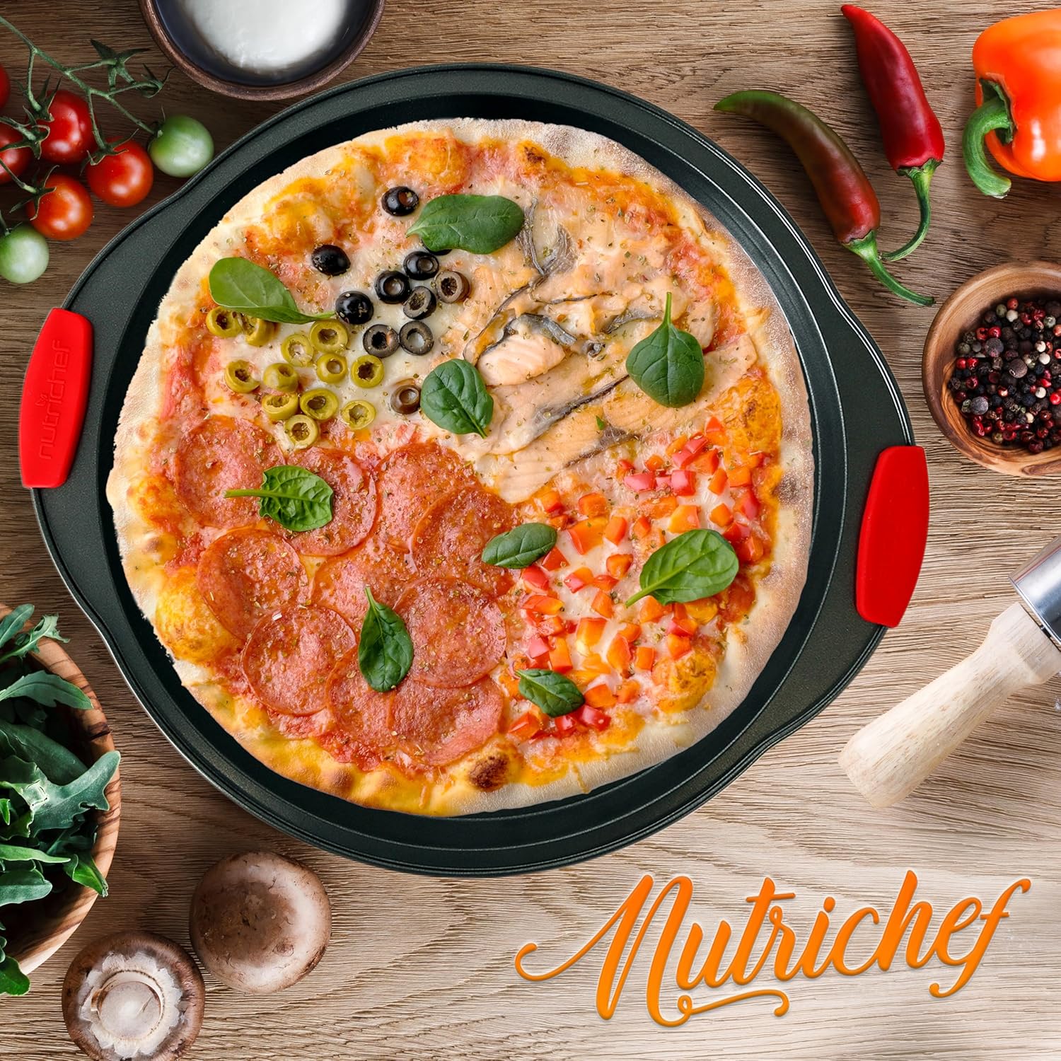 13-Inch Round Nonstick Pizza Tray with Silicone Grip Handles - Carbon Steel Pizza Baking Pan with Holes for Crispy Crust, Dishwasher Safe Premium Bakeware - NutriChef NCBPIZ1