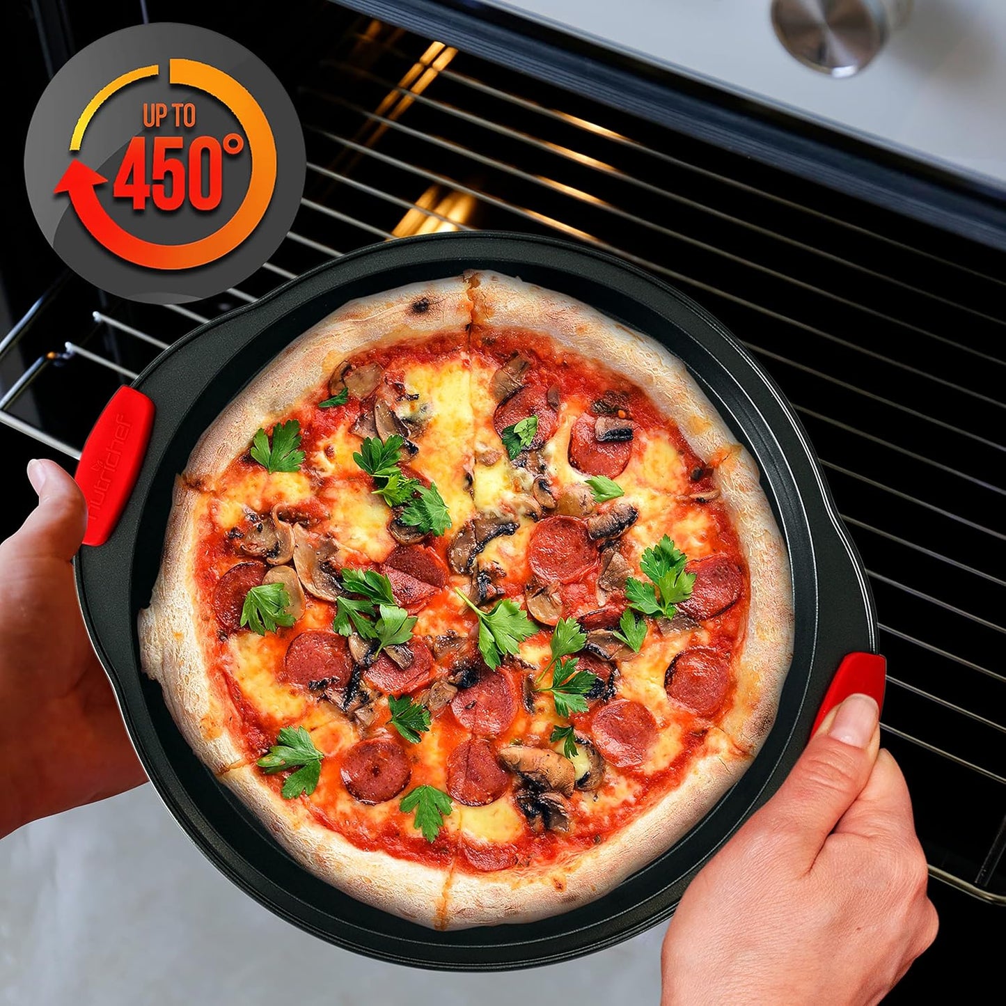 13-Inch Round Nonstick Pizza Tray with Silicone Grip Handles - Carbon Steel Pizza Baking Pan with Holes for Crispy Crust, Dishwasher Safe Premium Bakeware - NutriChef NCBPIZ1