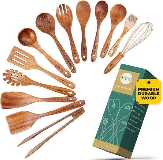 13-Piece Nonstick Teak Wood Kitchen Utensil Set with Spoon Rest - Cooking Spoons, Spatula, Tong, Fork, Whisk - AIUHI Wooden Tools
