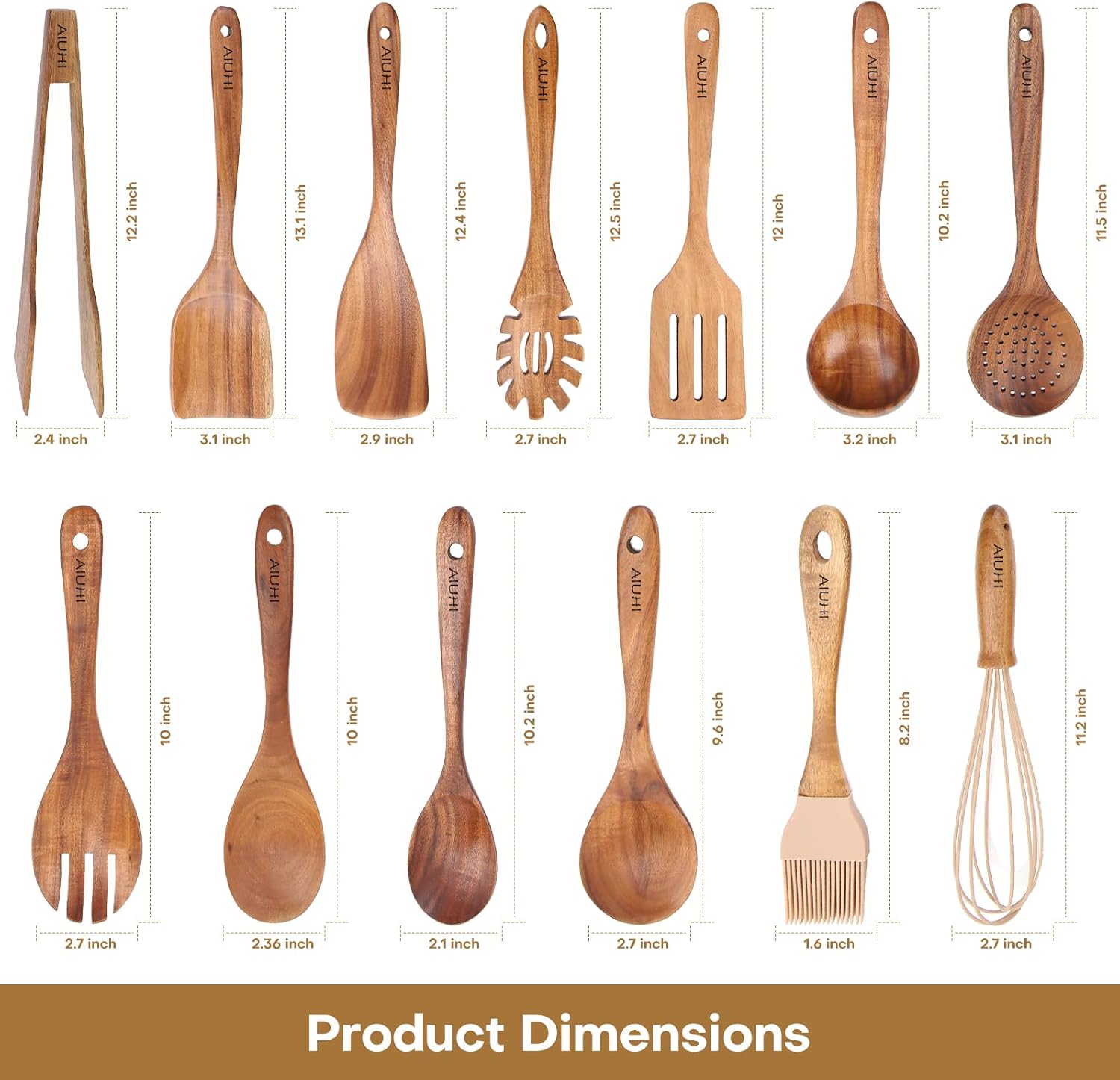 13-Piece Nonstick Teak Wood Kitchen Utensil Set with Spoon Rest - Cooking Spoons, Spatula, Tong, Fork, Whisk - AIUHI Wooden Tools