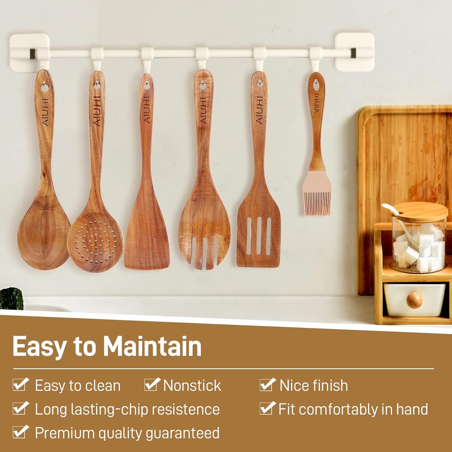 13-Piece Nonstick Teak Wood Kitchen Utensil Set with Spoon Rest - Cooking Spoons, Spatula, Tong, Fork, Whisk - AIUHI Wooden Tools