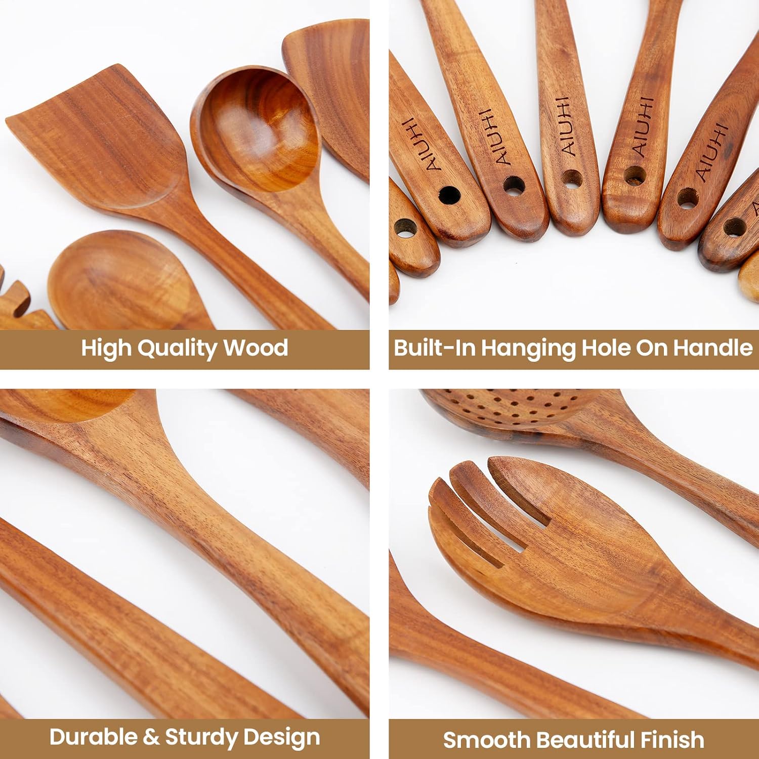 13-Piece Nonstick Teak Wood Kitchen Utensil Set with Spoon Rest - Cooking Spoons, Spatula, Tong, Fork, Whisk - AIUHI Wooden Tools