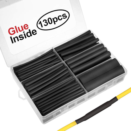 130pc 3:1 Dual Wall Adhesive Heat Shrink Tubing Kit - 6 Sizes (1/2 to 3/32 inch) - Premium Wire Cable Sleeve Assortment - Storage Case - DIY by MILAPEAK - Black