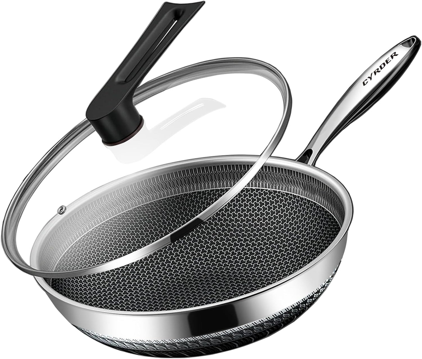 13.5" Cyrder Hybrid Stainless Steel Wok Pan - PFOA Free Non-Stick, Oven/Dishwasher Safe - Induction/Ceramic/Gas/Electric Compatible