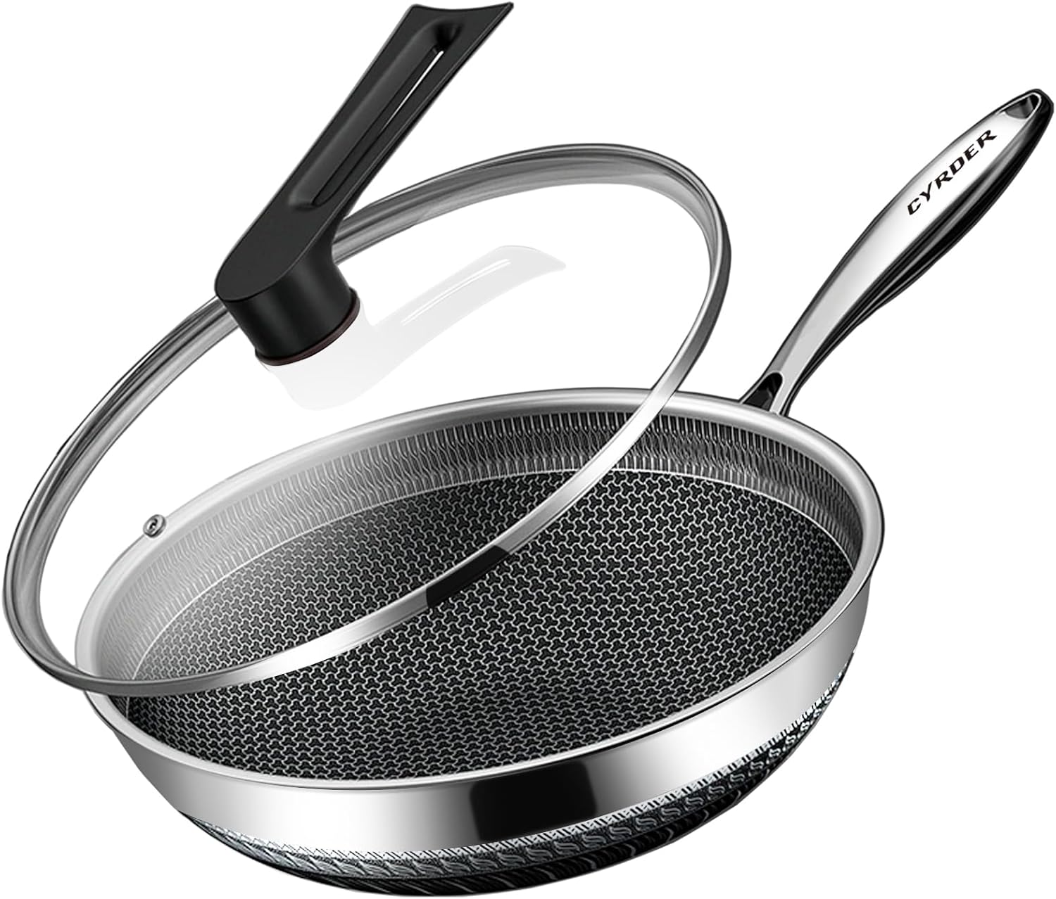 13.5" Cyrder Hybrid Stainless Steel Wok Pan - PFOA Free Non-Stick, Oven/Dishwasher Safe - Induction/Ceramic/Gas/Electric Compatible