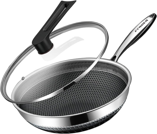 13.5" Cyrder Hybrid Stainless Steel Wok Pan - PFOA Free Non-Stick, Oven/Dishwasher Safe - Induction/Ceramic/Gas/Electric Compatible