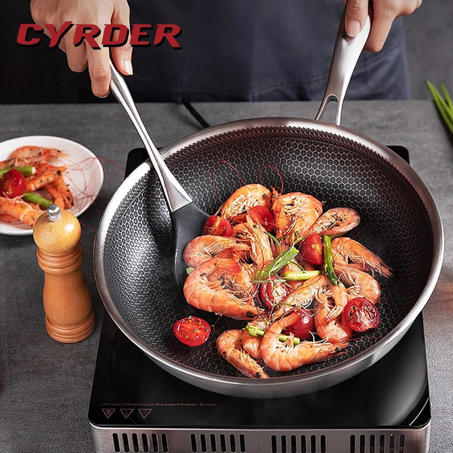 13.5" Cyrder Hybrid Stainless Steel Wok Pan - PFOA Free Non-Stick, Oven/Dishwasher Safe - Induction/Ceramic/Gas/Electric Compatible