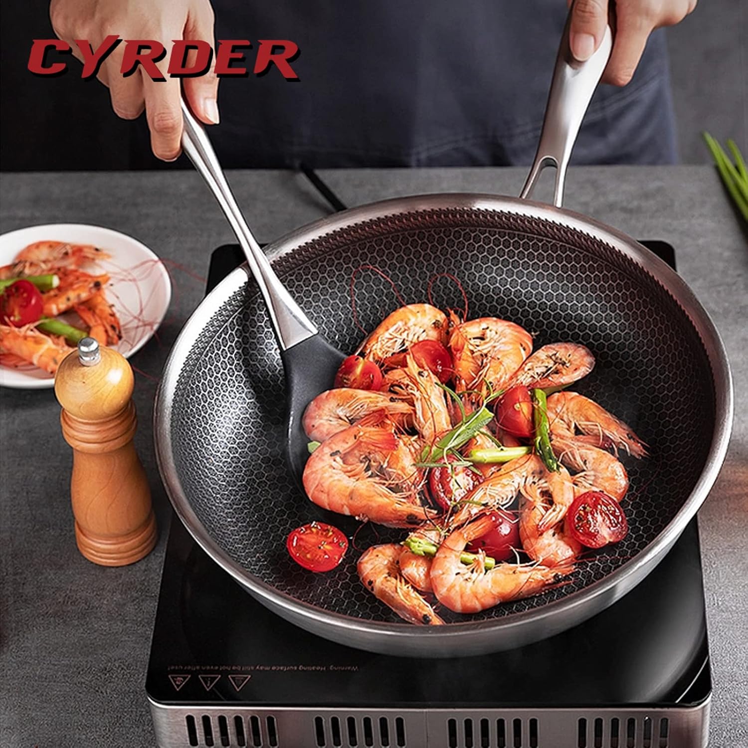 13.5" Cyrder Hybrid Stainless Steel Wok Pan - PFOA Free Non-Stick, Oven/Dishwasher Safe - Induction/Ceramic/Gas/Electric Compatible