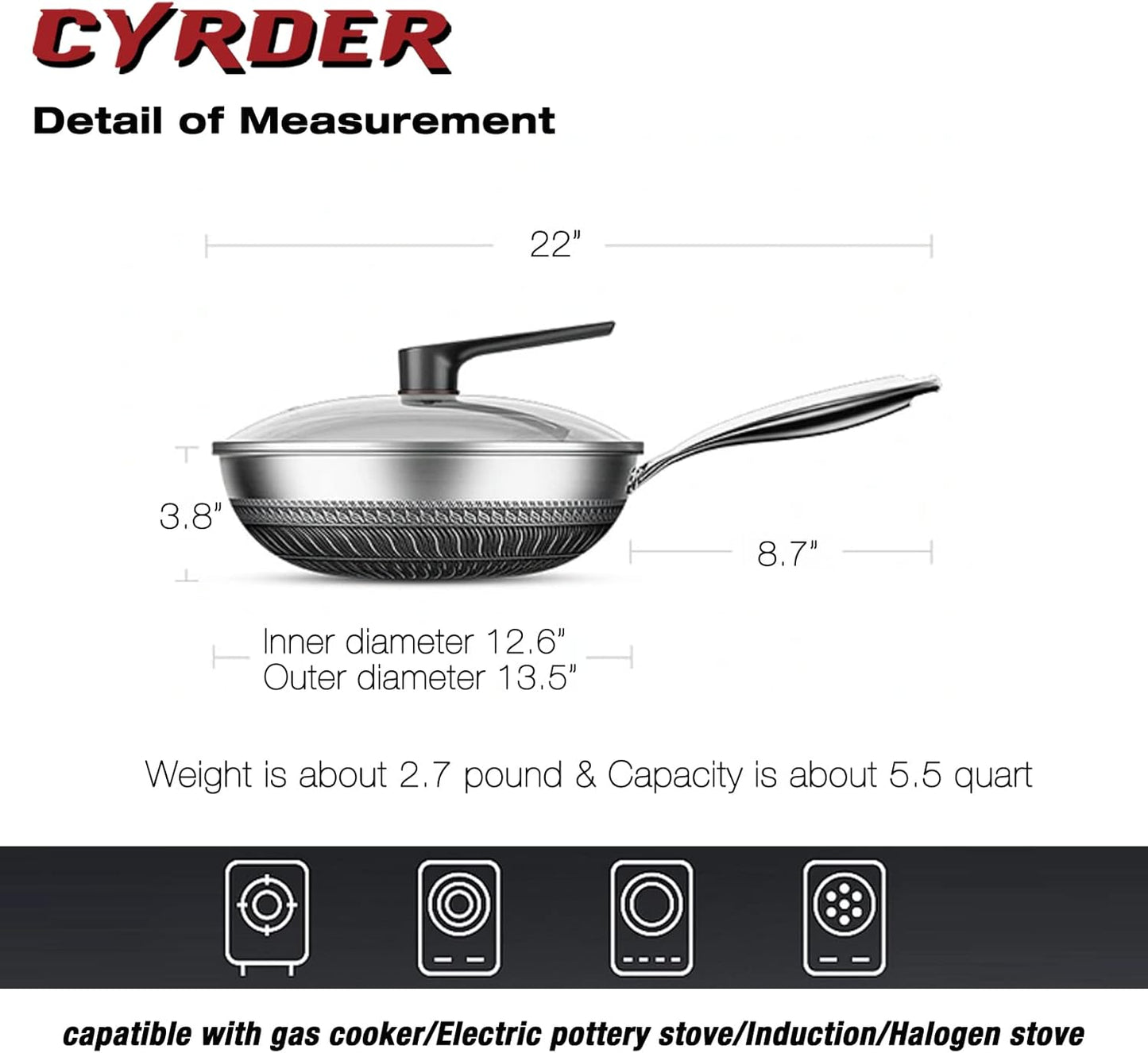 13.5" Cyrder Hybrid Stainless Steel Wok Pan - PFOA Free Non-Stick, Oven/Dishwasher Safe - Induction/Ceramic/Gas/Electric Compatible