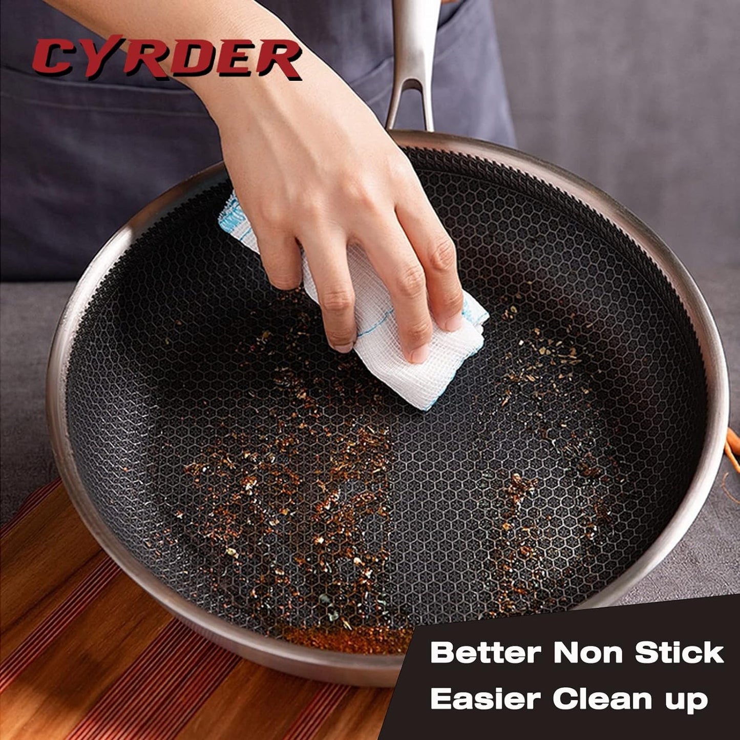 13.5" Cyrder Hybrid Stainless Steel Wok Pan - PFOA Free Non-Stick, Oven/Dishwasher Safe - Induction/Ceramic/Gas/Electric Compatible