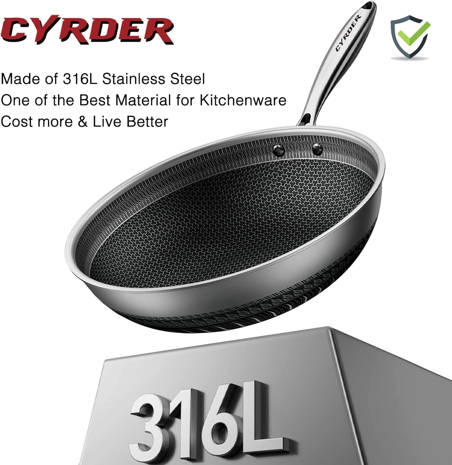 13.5" Cyrder Hybrid Stainless Steel Wok Pan - PFOA Free Non-Stick, Oven/Dishwasher Safe - Induction/Ceramic/Gas/Electric Compatible