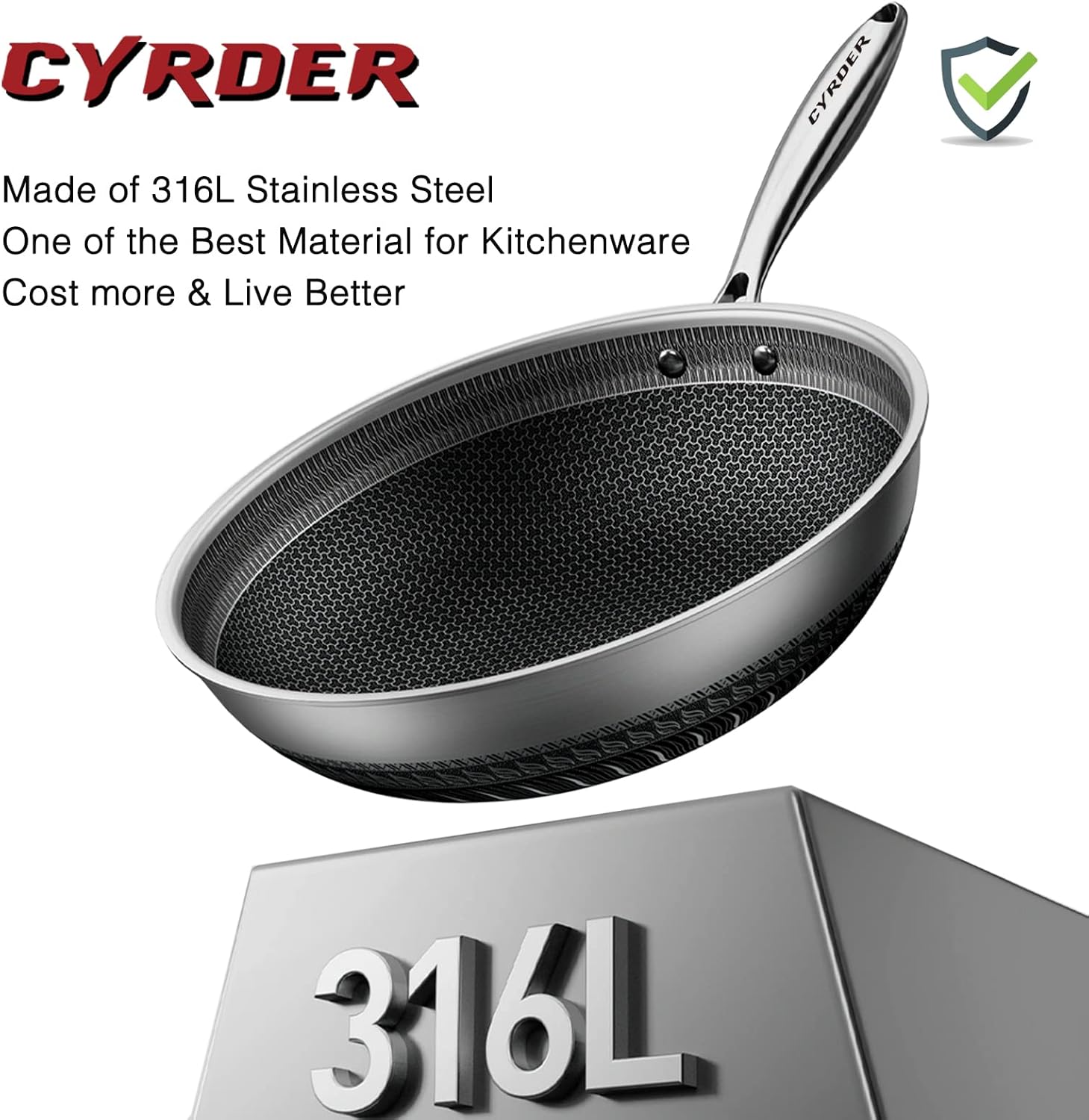 13.5" Cyrder Hybrid Stainless Steel Wok Pan - PFOA Free Non-Stick, Oven/Dishwasher Safe - Induction/Ceramic/Gas/Electric Compatible