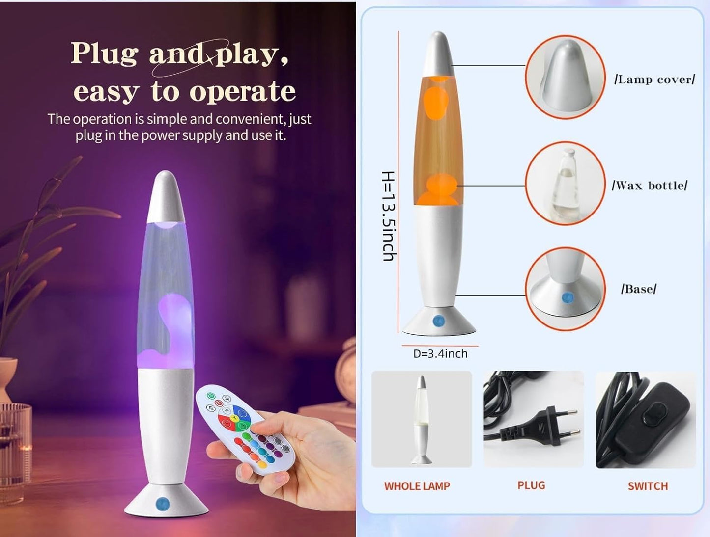 13.5" LED Liquid Motion Lamp with Remote Control - 17 Color Transitions, Soothing Night Light for Home, Office, Bedroom