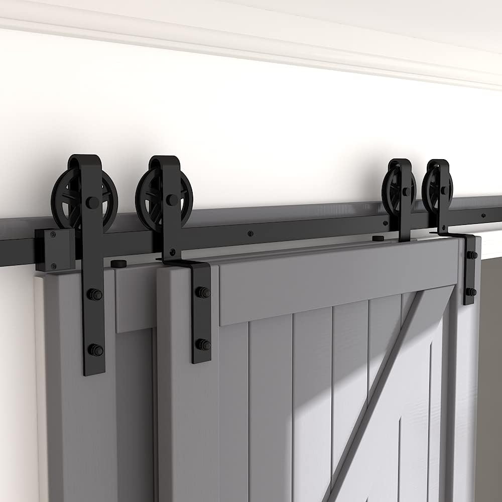 13FT Heavy Duty Sliding Barn Door Hardware Kit - Single Track Bypass Double Door - Black - Bypass Spoke Wheel-1