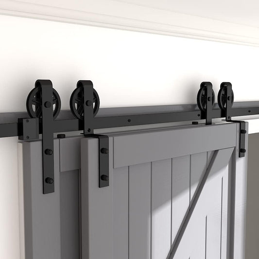 13FT Heavy Duty Sliding Barn Door Hardware Kit - Single Track Bypass Double Door - Black - Bypass Spoke Wheel-1