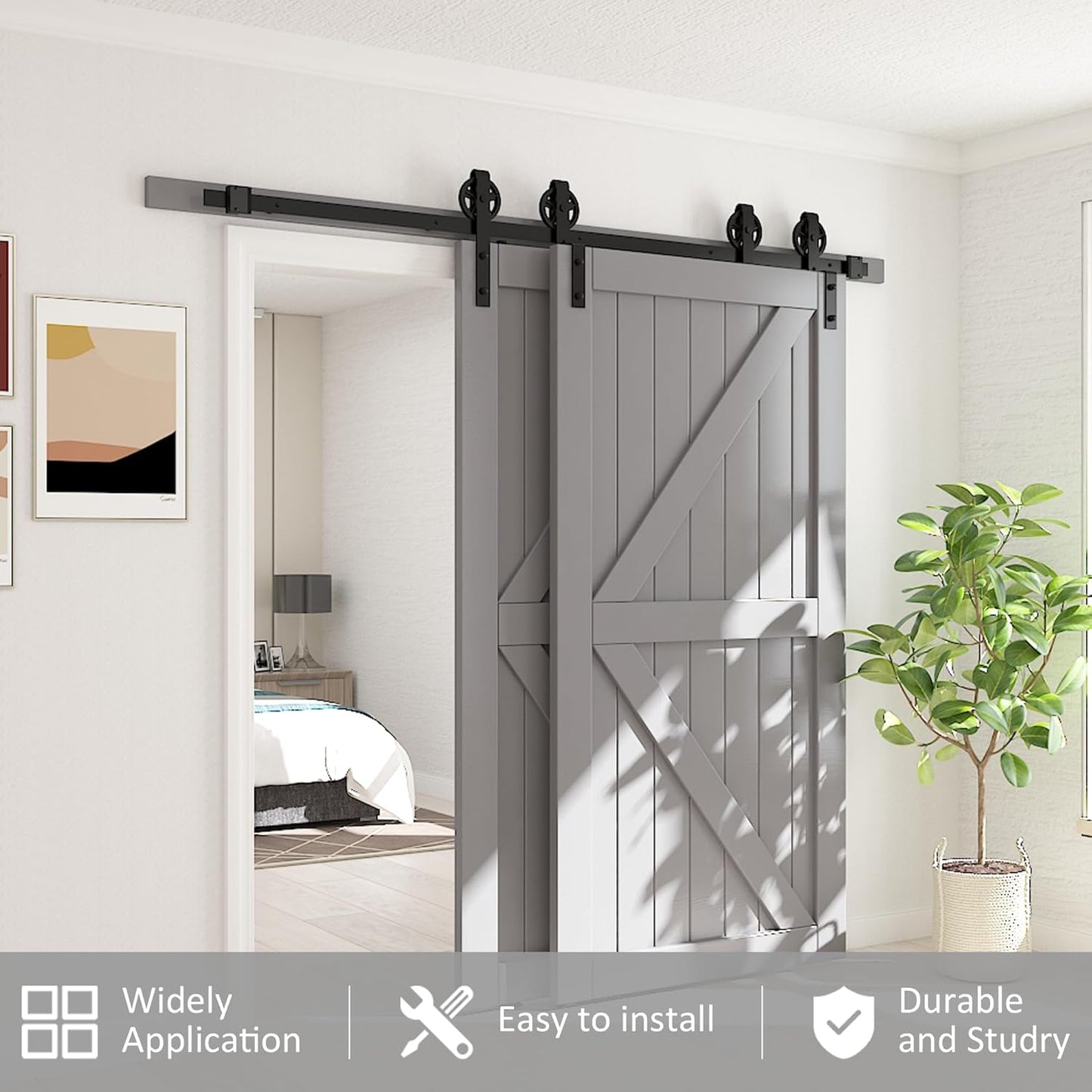 13FT Heavy Duty Sliding Barn Door Hardware Kit - Single Track Bypass Double Door - Black - Bypass Spoke Wheel-1