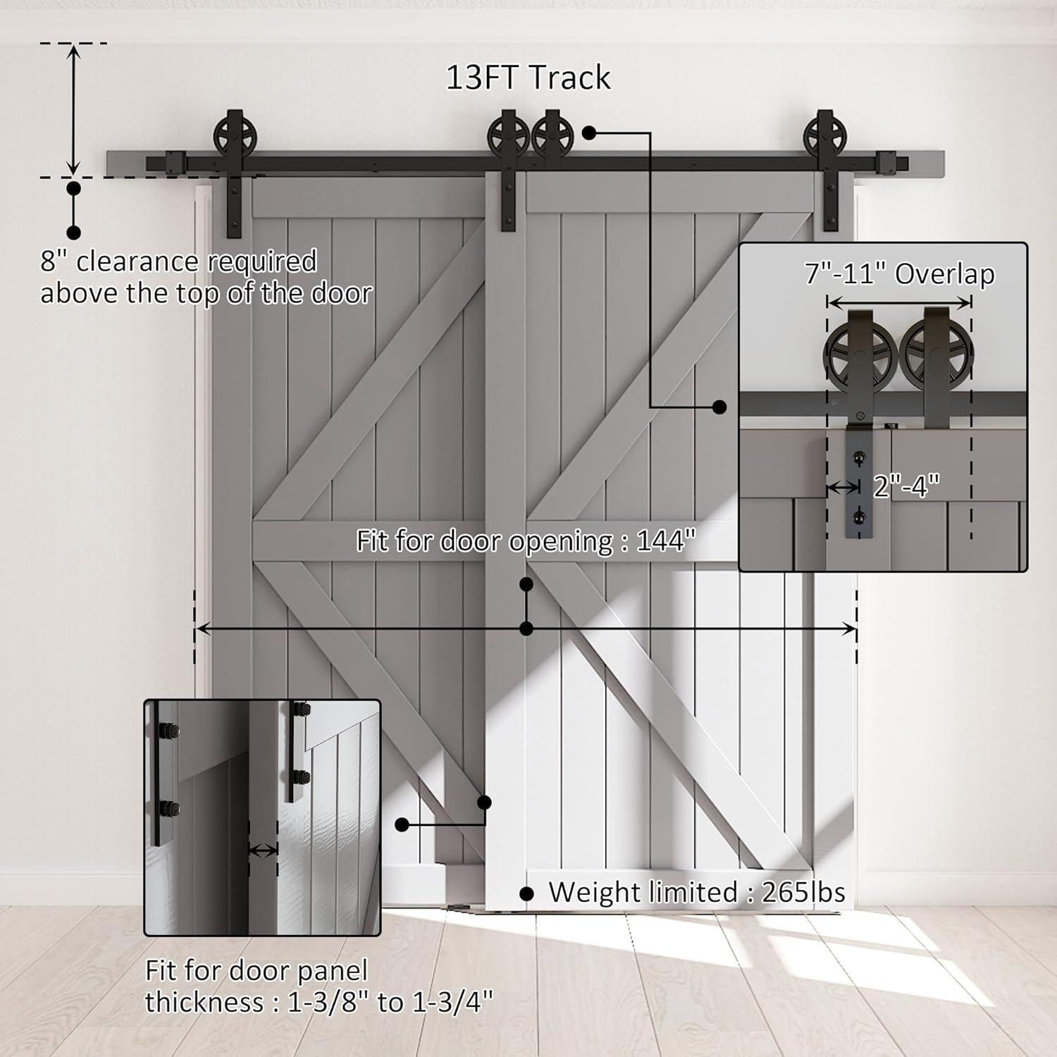 13FT Heavy Duty Sliding Barn Door Hardware Kit - Single Track Bypass Double Door - Black - Bypass Spoke Wheel-1