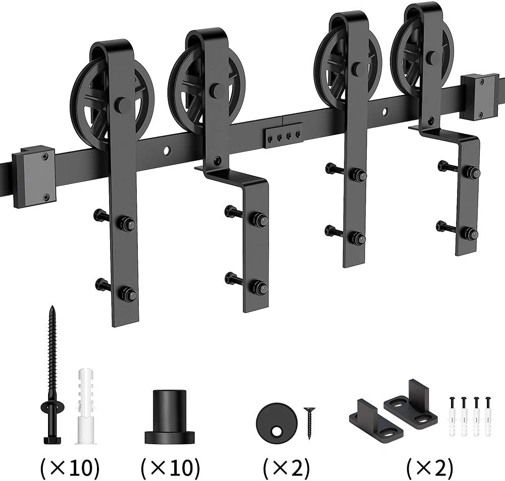 13FT Heavy Duty Sliding Barn Door Hardware Kit - Single Track Bypass Double Door - Black - Bypass Spoke Wheel-1