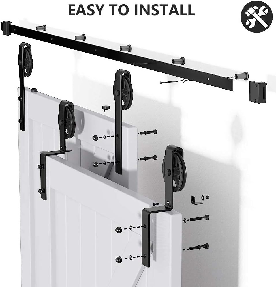 13FT Heavy Duty Sliding Barn Door Hardware Kit - Single Track Bypass Double Door - Black - Bypass Spoke Wheel-1