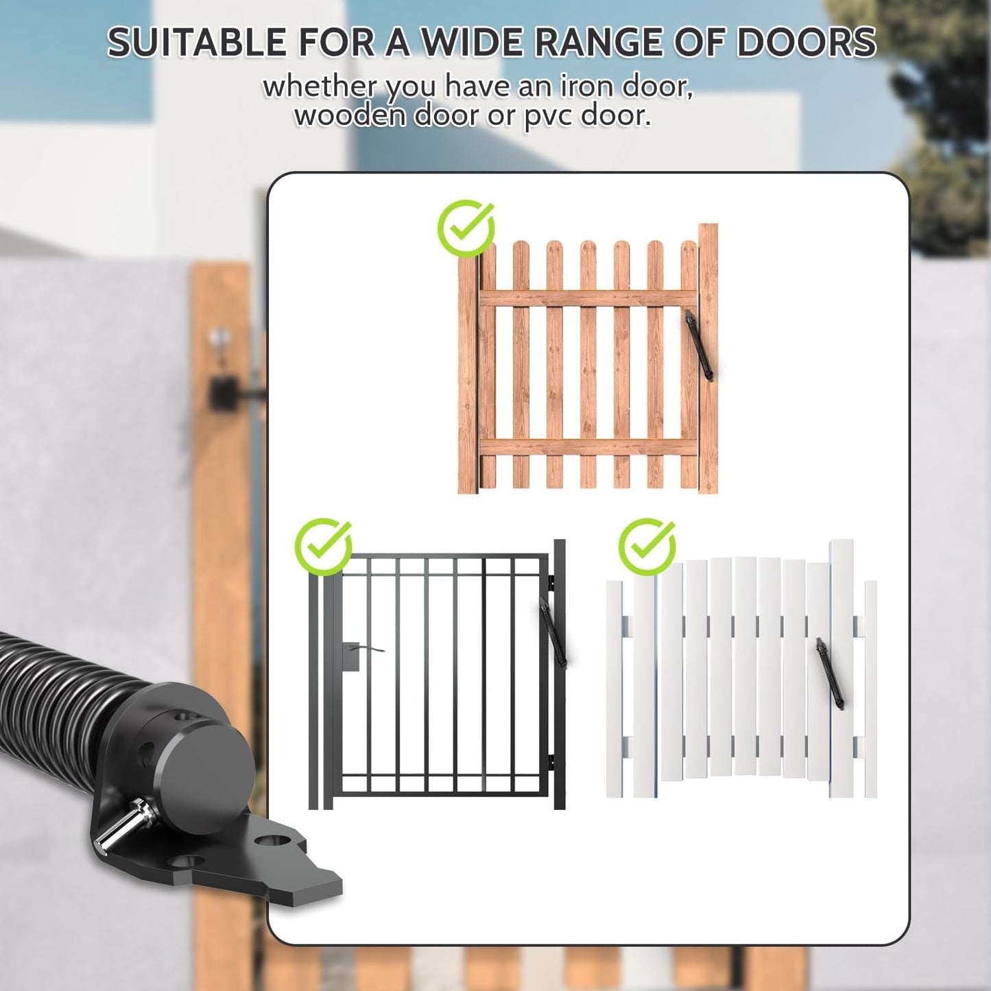 14" Heavy Duty Carbon Steel Self Closing Gate Spring with Adjustable Tool - Black Metal Fence Closer & Latch