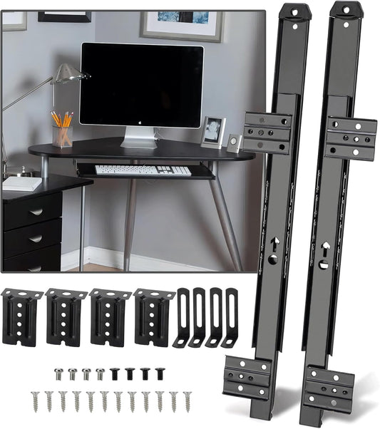 14" Heavy Duty Keyboard Slide with Ball Bearing Rails - Computer Tray Under Desk Mount with Adjustable Height Bracket & Extension Support Bracket - Black Furniture Drawer Hardware
