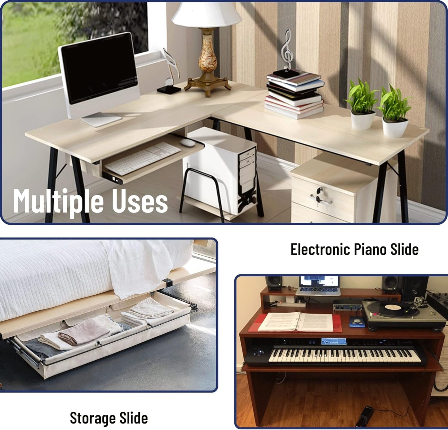 14" Heavy Duty Keyboard Slide with Ball Bearing Rails - Computer Tray Under Desk Mount with Adjustable Height Bracket & Extension Support Bracket - Black Furniture Drawer Hardware