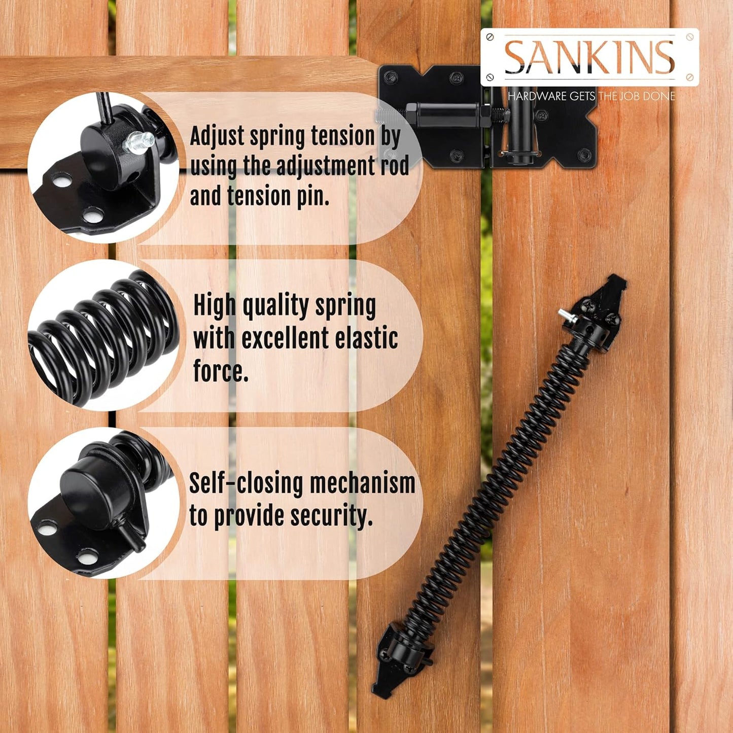 14" Heavy Duty Outdoor Gate Spring Closer for Wooden/Vinyl Fence - Self Closing Metal Hardware with Adjustable Tool, Black (2 Pcs)