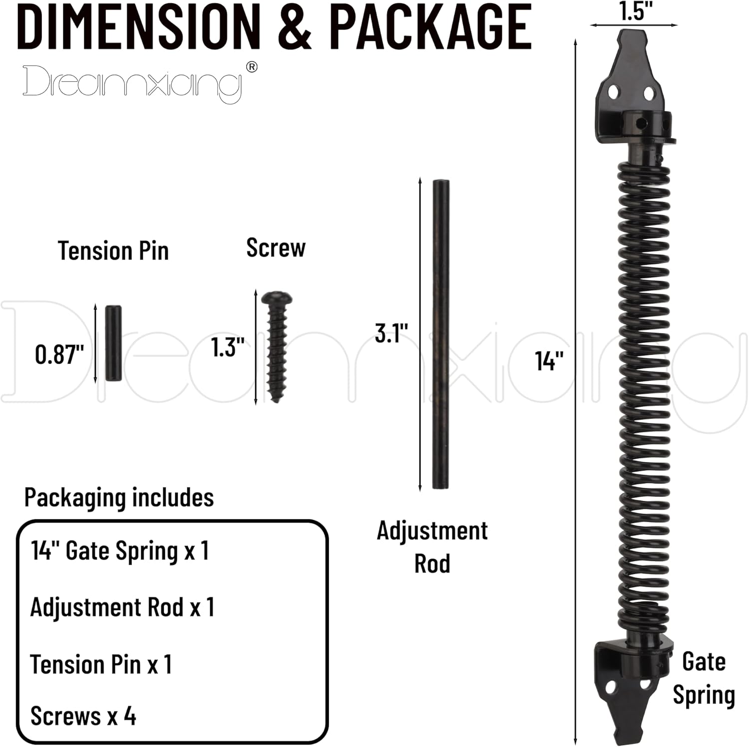 14" Heavy Duty Self-Closing Gate Spring for Outdoor Fences - Black, Adjustable Tool - 1 Pack