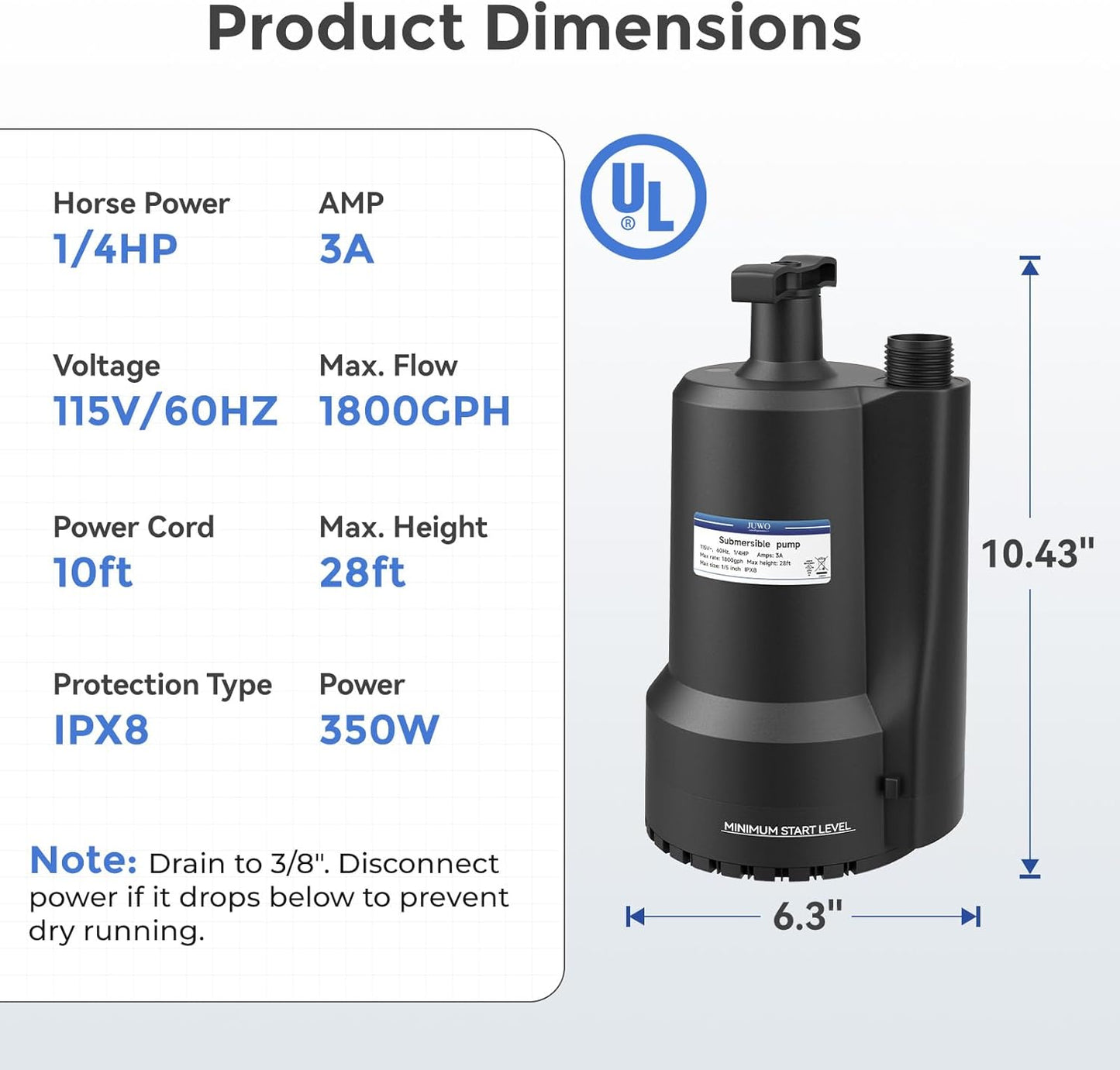 1/4 HP Submersible Water Pump for Pool, Basement, Garden - 1800GPH Portable Electric Utility Pump with 10ft Cord - Small Sump Pump for Swimming Pool, Tub, Pond - Thermoplastic Utility Pump