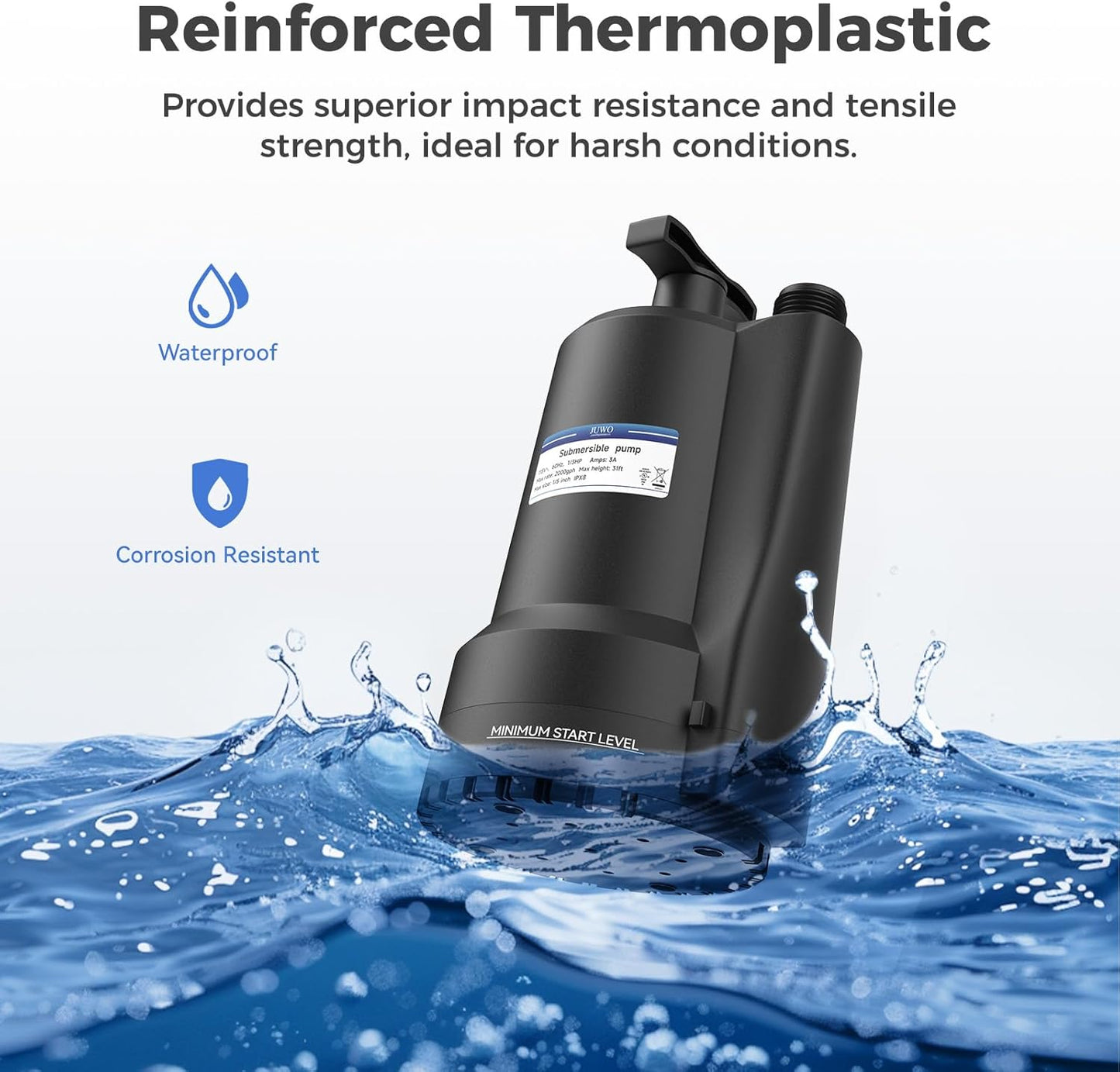 1/4 HP Submersible Water Pump for Pool, Basement, Garden - 1800GPH Portable Electric Utility Pump with 10ft Cord - Small Sump Pump for Swimming Pool, Tub, Pond - Thermoplastic Utility Pump