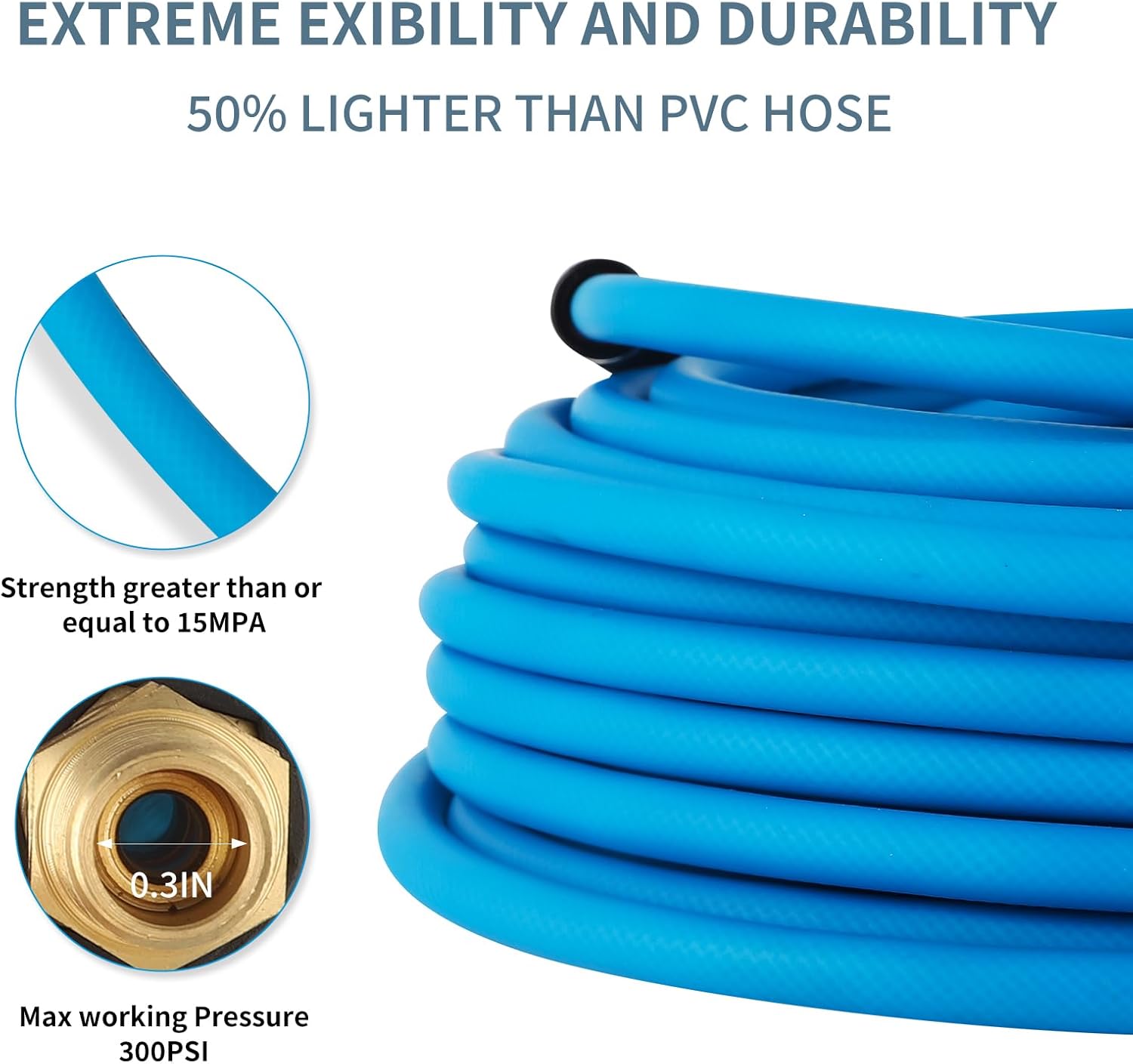 1/4 Inch All-Weather Rubber Air Hose - 50ft Lightweight, Flexible, Kink Resistant - 300 PSI Compressor Hose with Universial Coupler