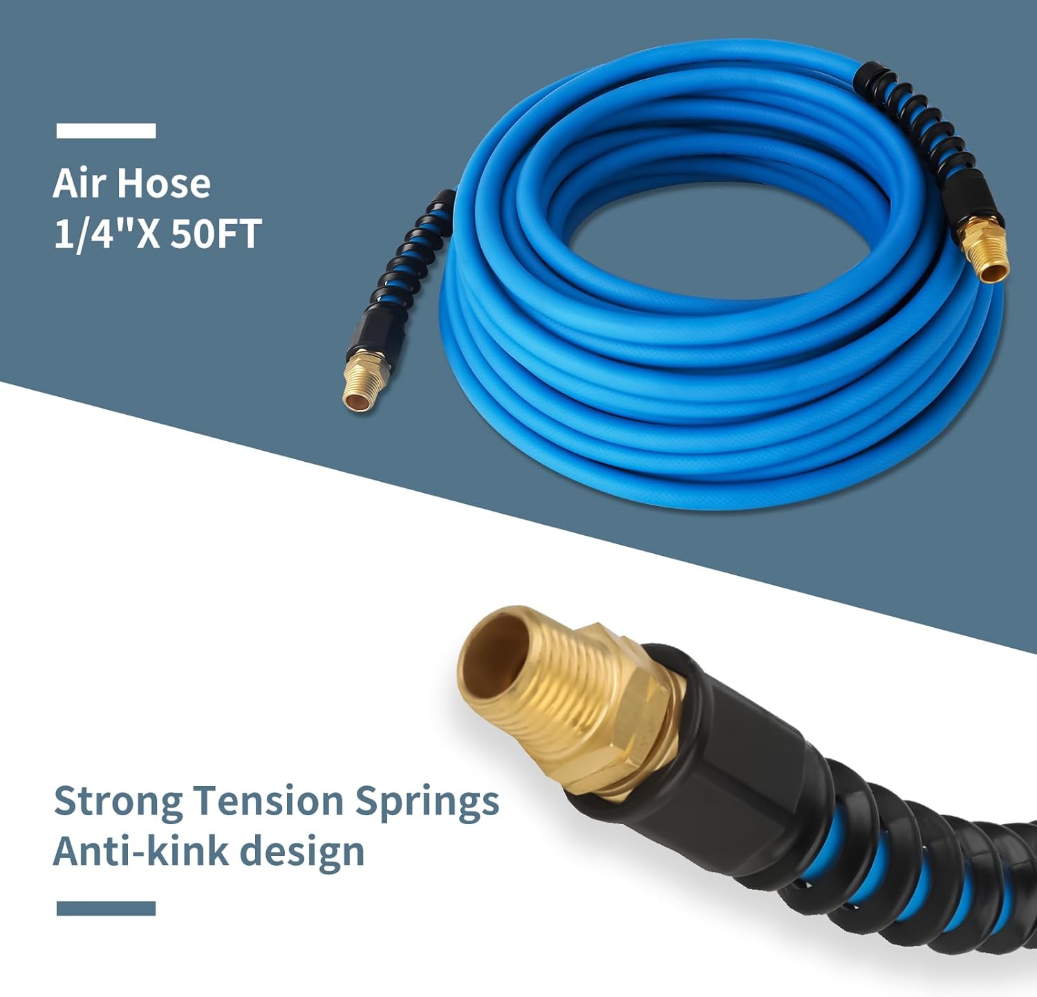 1/4 Inch All-Weather Rubber Air Hose - 50ft Lightweight, Flexible, Kink Resistant - 300 PSI Compressor Hose with Universial Coupler