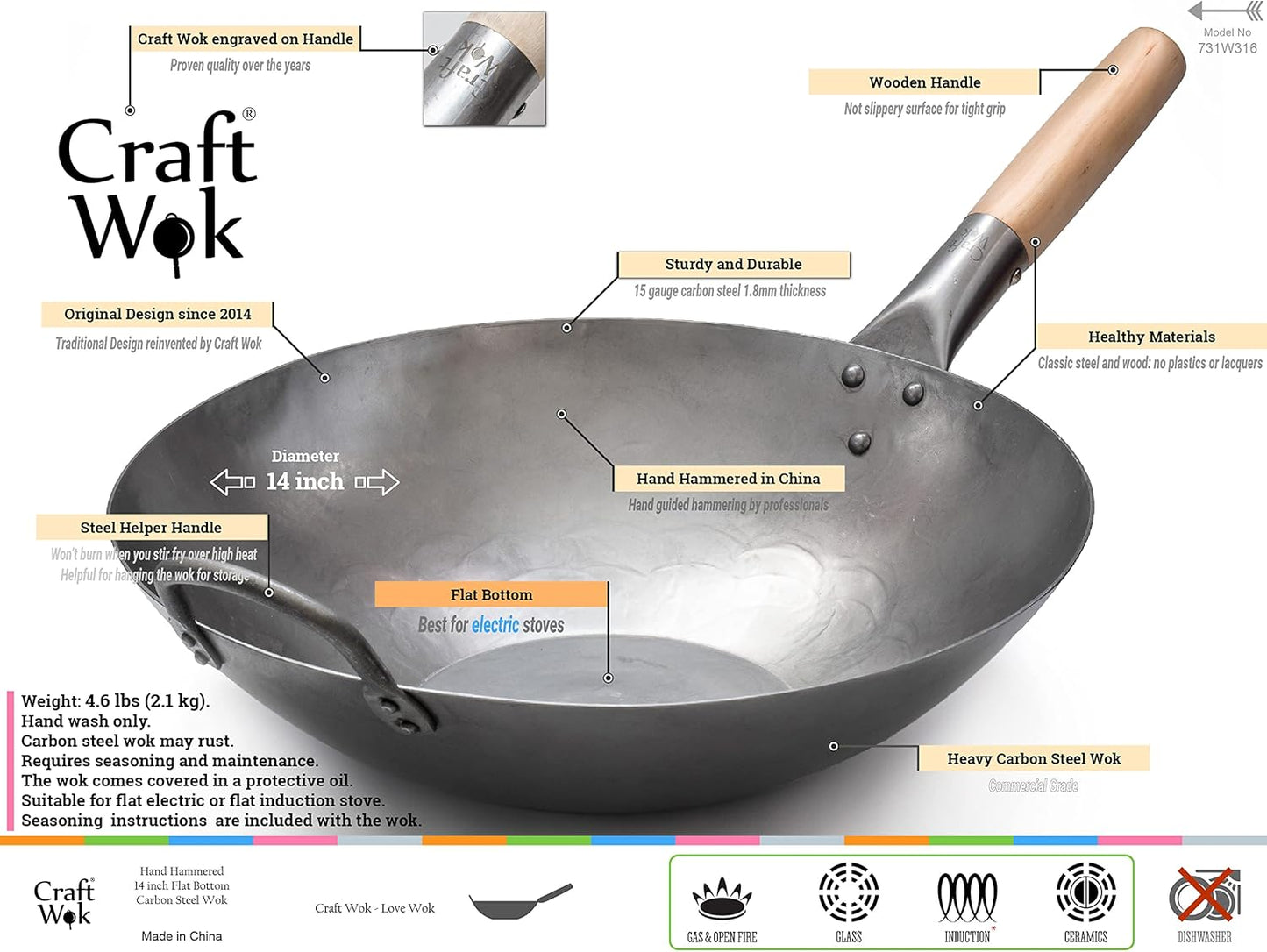 14 Inch Craft Wok Flat Bottom Carbon Steel Pow Wok with Wooden and Steel Handle