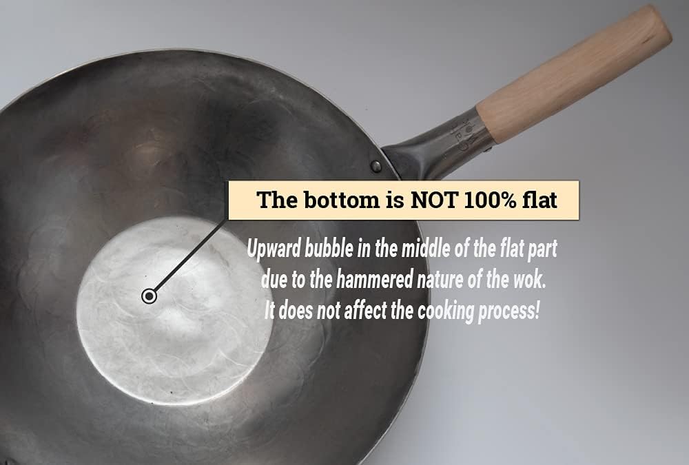 14 Inch Craft Wok Flat Bottom Carbon Steel Pow Wok with Wooden and Steel Handle